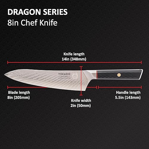 Miniatura 5 de YOKASHI - Cuchillo japonés - Cuchillo de chef de Damasco de 8 pulgadas - Cortar, rebanar y cortar en cubitos precisos para chefs profesionales y