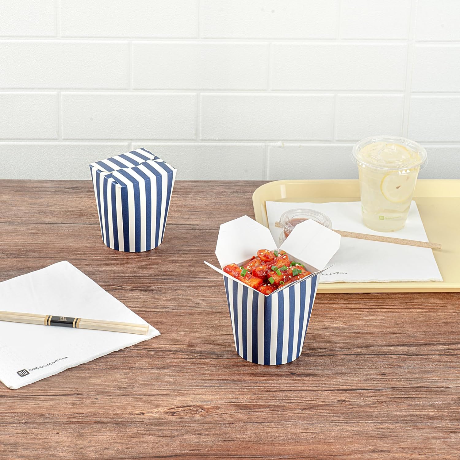 Restaurantware Bio Tek 3.2 x 2.9 x 4 Inch Food Containers 200 Noodle Takeaway Boxes - Disposable Striped Blue And White Paper 16 Ounce Take Out Boxes Round For Hot Or Cold Foods
