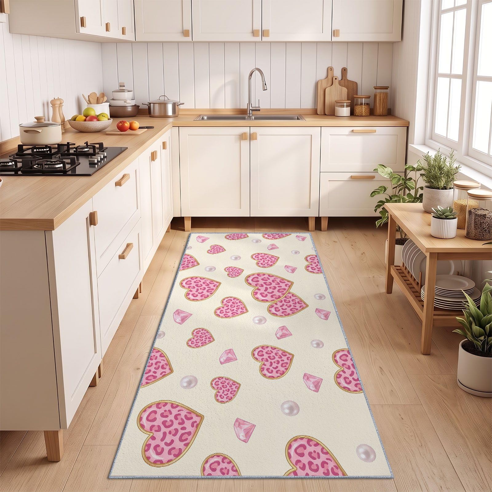Bieżnik do przedpokoju, kreskówkowy, urocze serca, nadruk panterki, diamenty, perły, antypoślizgowy, zmywalny dywan do kuchni, miękki, niskie runo, mata podłogowa, do salonu, sypialni, 60 x 240 cm