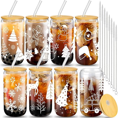 Paquete de 8 vasos de Navidad de 16 onzas, tarros de Navidad con tapas y pajitas, vasos de Navidad, vasos con forma de lata de cerveza, tazas de