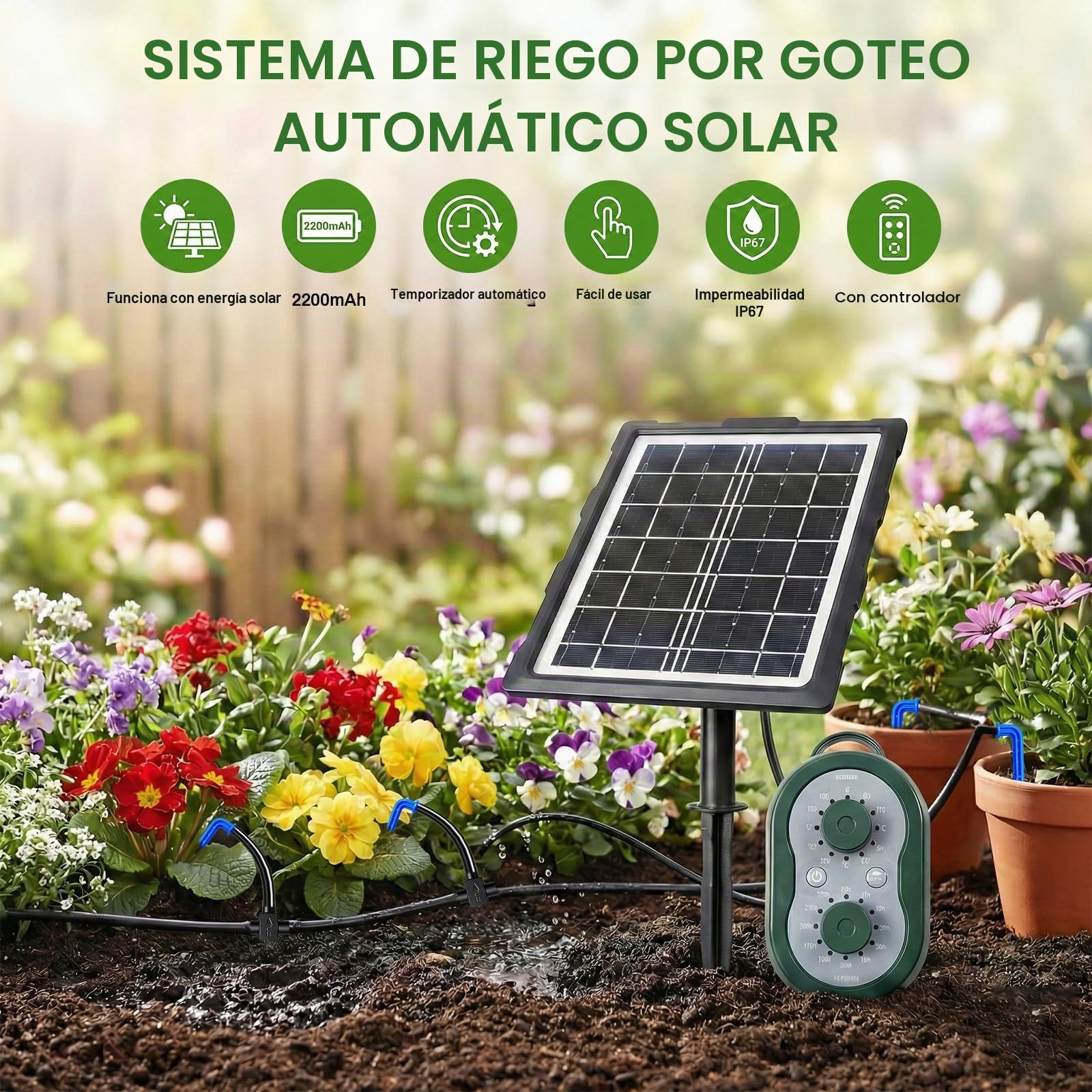Sistema de riego solar para macetas, sistema de riego automático con carga USB, equipado con una manguera de 15 m y modos de riego personalizados, ideal para jardines, balcones e invernaderos