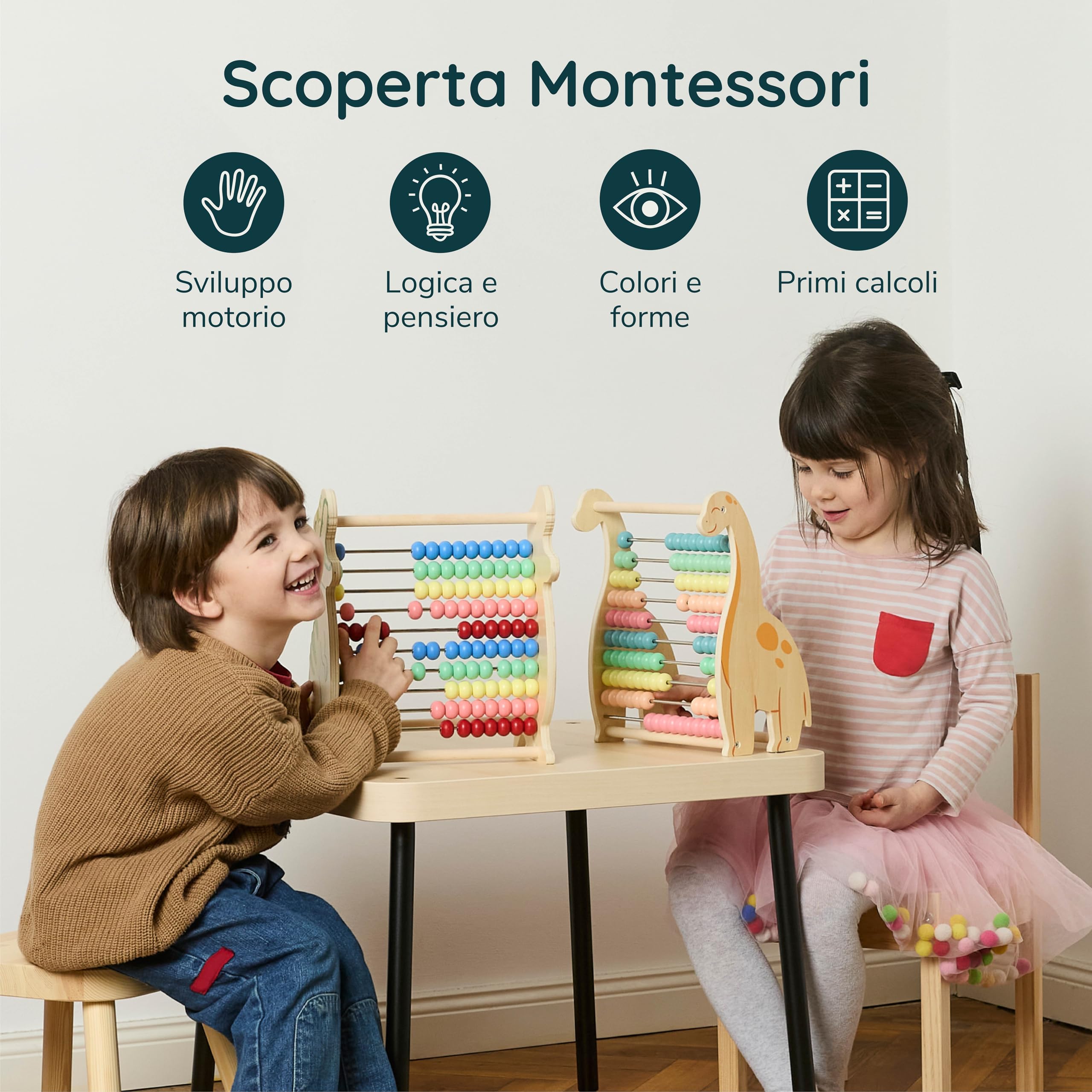 Twig & Leaf Abaco Montessori e Pallottoliere per Bambini in Legno FSC - Abaco Scuola Primaria per Imparare a Contare - Regoli Matematica Verticale e Gioco Educativo Dinosauro per Decine e unità