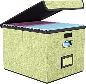 Huolewa Decorative File Organizer Storage Box with Lid, Linen Hanging Filing & Storage Box with Plastic Slide for Office/Decor/Home, Universal Hanging Filing Organization Box for Letter/Legal Folder