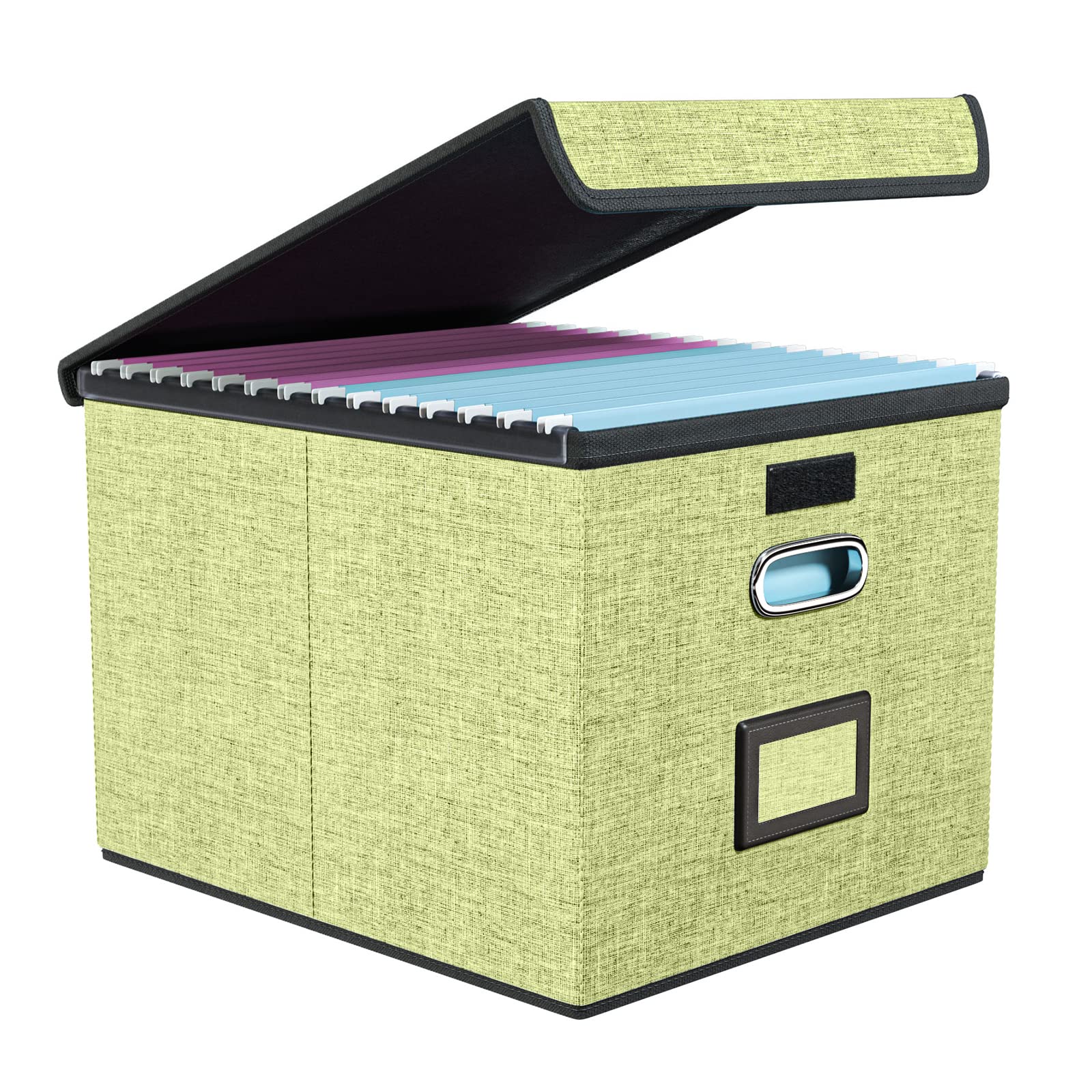 Huolewa Decorative File Organizer Storage Box with Lid, Linen Hanging Filing & Storage Box with Plastic Slide for Office/Decor/Home, Universal Hanging Filing Organization Box for Letter/Legal Folder