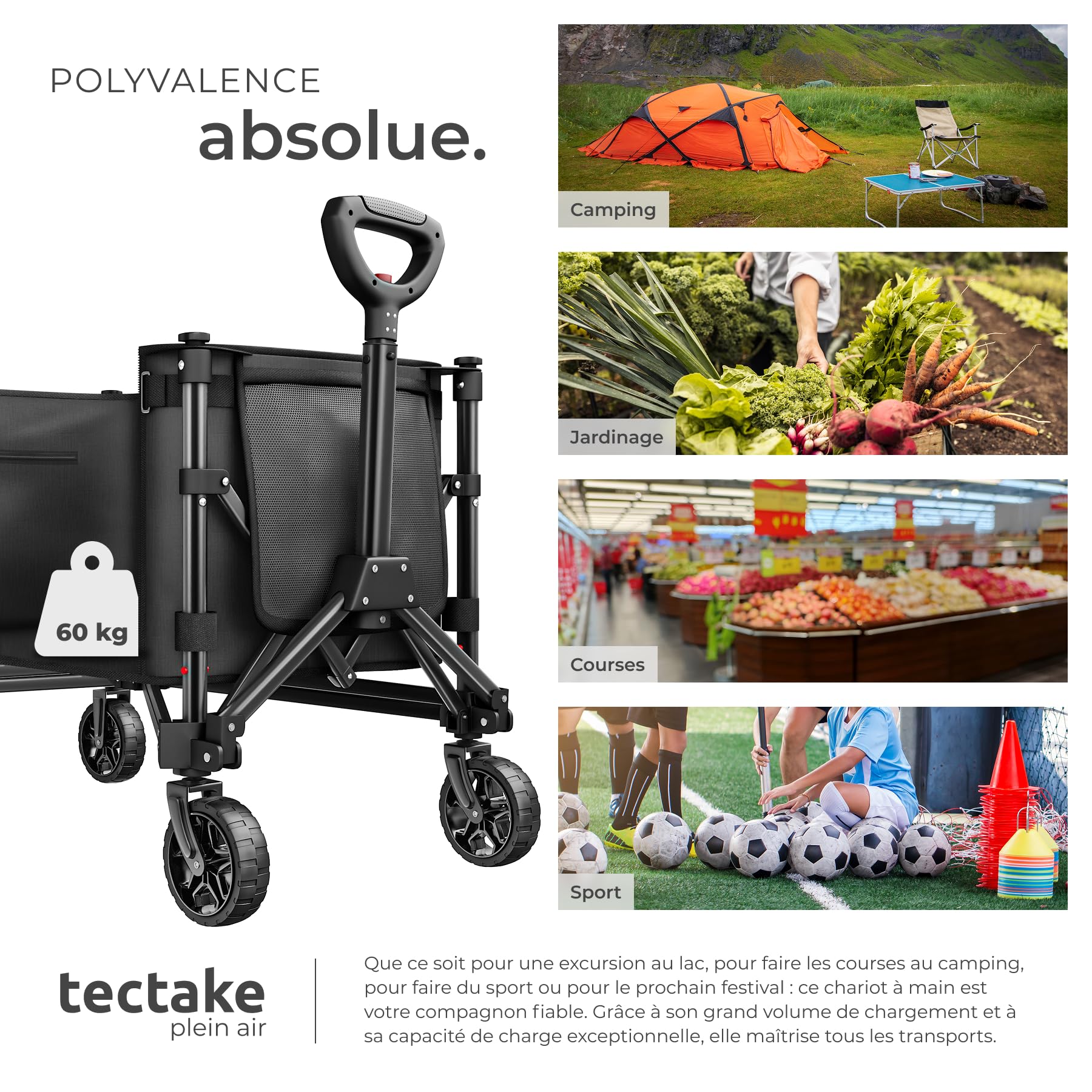 tectake® Chariot pliable multifonctions 120 L, Charge max 60 Kg, Chariot à roulettes, Poignée télescopique Roues amovibles, Idéal Camping, Plage, Jardin, Caddie, Courses, Demenagement, Festival, Pêche