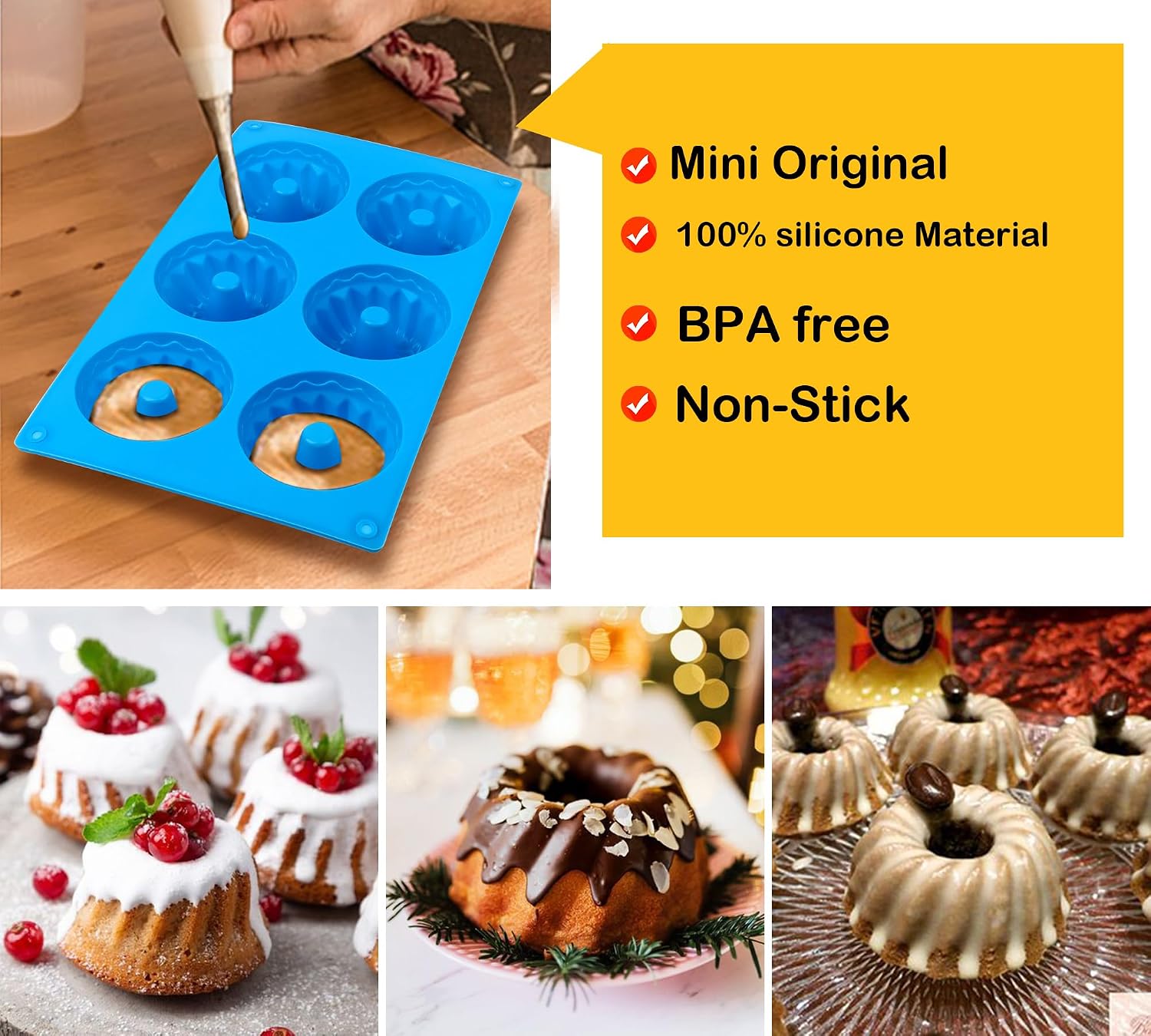Sidosir Mini Fluted Tube Cake Pan, 6 Cavity Heritage Fluted Tube Cake Silicone Mold for Family Baking, Non Stick Fancy Design Molds for Soap, Candle, Mousse