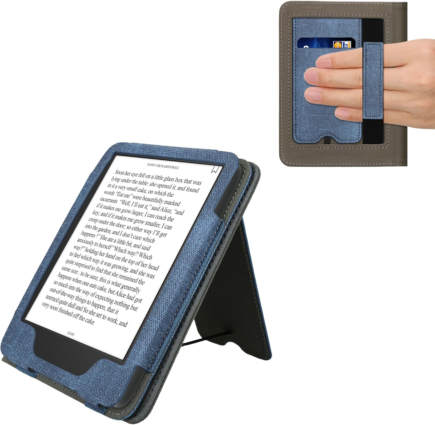 kwmobile Cover Compatible with Amazon Kindle (2022/2024) Cover - Faux Leather/Suede Case with Stand - Dark Blue/Dark Grey