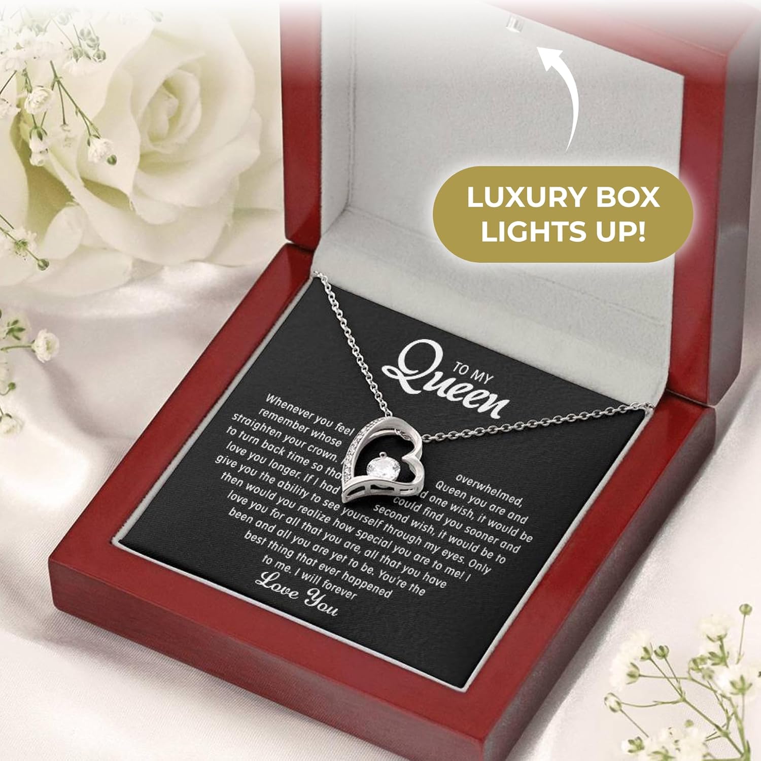 LUXUS™ Love Heart Necklace for My Queen – 18K White Gold Finish, Valentine’s Day Gift for Wife or Girlfriend, Romantic Heart Pendant, My Forever Valentine Jewelry - Image 4