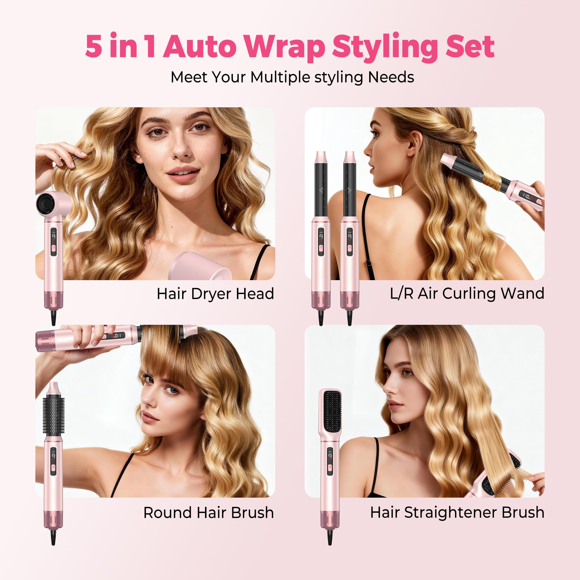 MogaWave Hair styler 5 in 1 Airbrush Haarstyler Air Styler mit LCD-Bildschirm und Temperaturanzeige 50-110℃ mit 1000W Haartrockner, Auto Air Culer, Warmluftbürste, Föhnbürste, Rundbürstenföhn