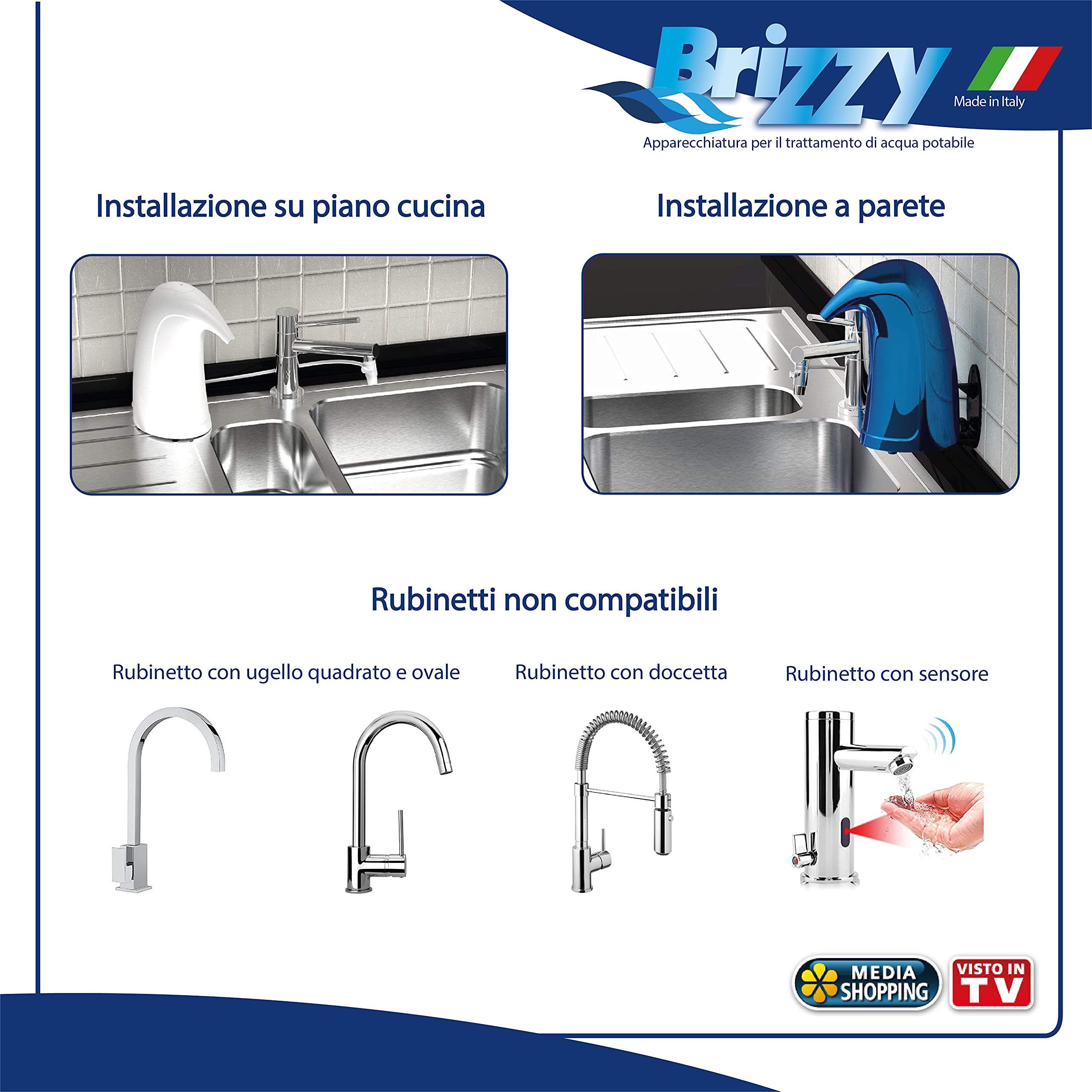 BRIZZY Depuratore Purificatore Antibatterico da rubinetto Ultra compatto, per Acqua Potabile Microfiltrata Sistema di Filtrazione per Rubinetto. Certificato e Made in Italy (Bianco Neve)