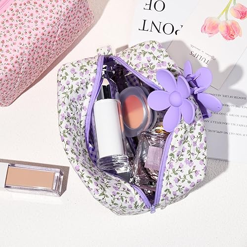 Miniatura 5 de Bolsa de maquillaje floral acolchada para cosméticos, bolsa de maquillaje de coqueta inflada, bolsa de maquillaje estética grande de viaje,