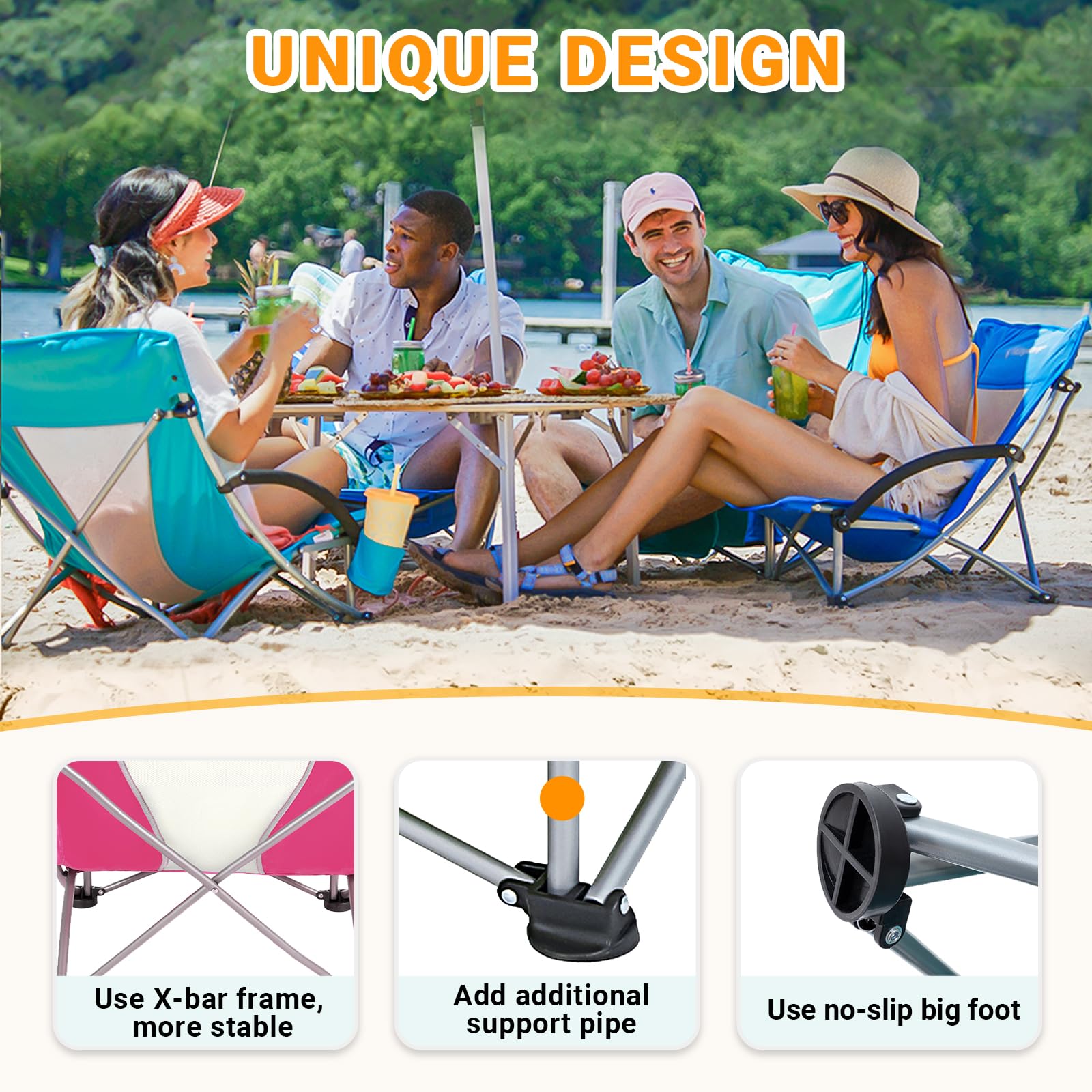 KingCamp Chaise de plage basse, pliable, portable, légère, sac à dos pour adultes avec porte-gobelet, sac de transport pour camping, concert, festival, voyage, sport, pelouse, sable, rose