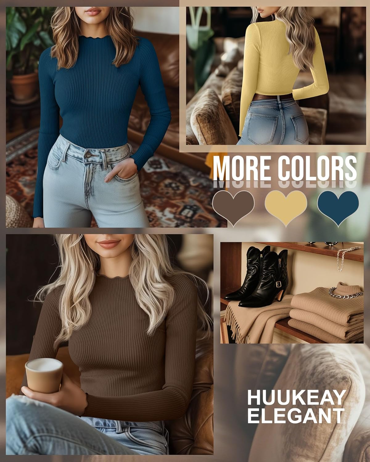 Huukeay 3 Pack Women's Ribbed Mock Turtleneck Shirts Cotton Long Sleeve Tops Lettuce Trim Slim Fit Soft Tees for Layering - Image 3