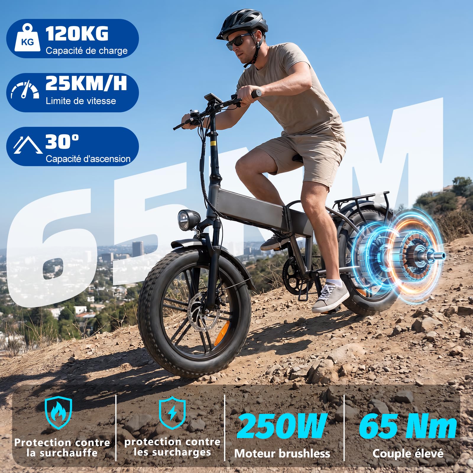 TODIMART Vélo Électrique Pliable 250W Fat Bike 20", Batterie 48V 13Ah