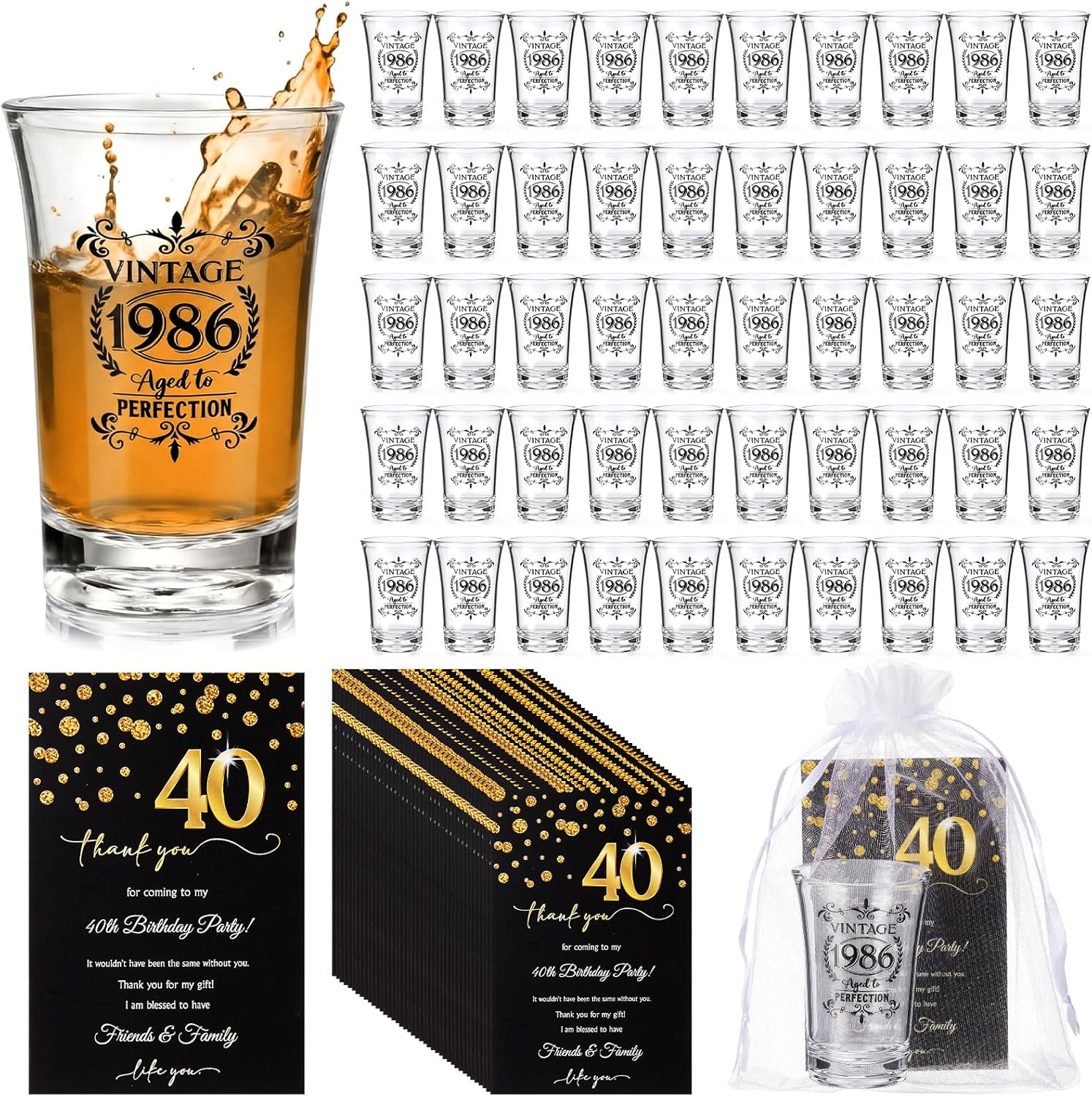 50 Sets Birthday Party Favors Cheers for Guests Bulk 1.4 oz Cheers for 40/50/60 Years Reusable Acrylic Shot Glasses with Thank You Gift Card Bag for Anniversary Wedding Decor (Vintage 1986)