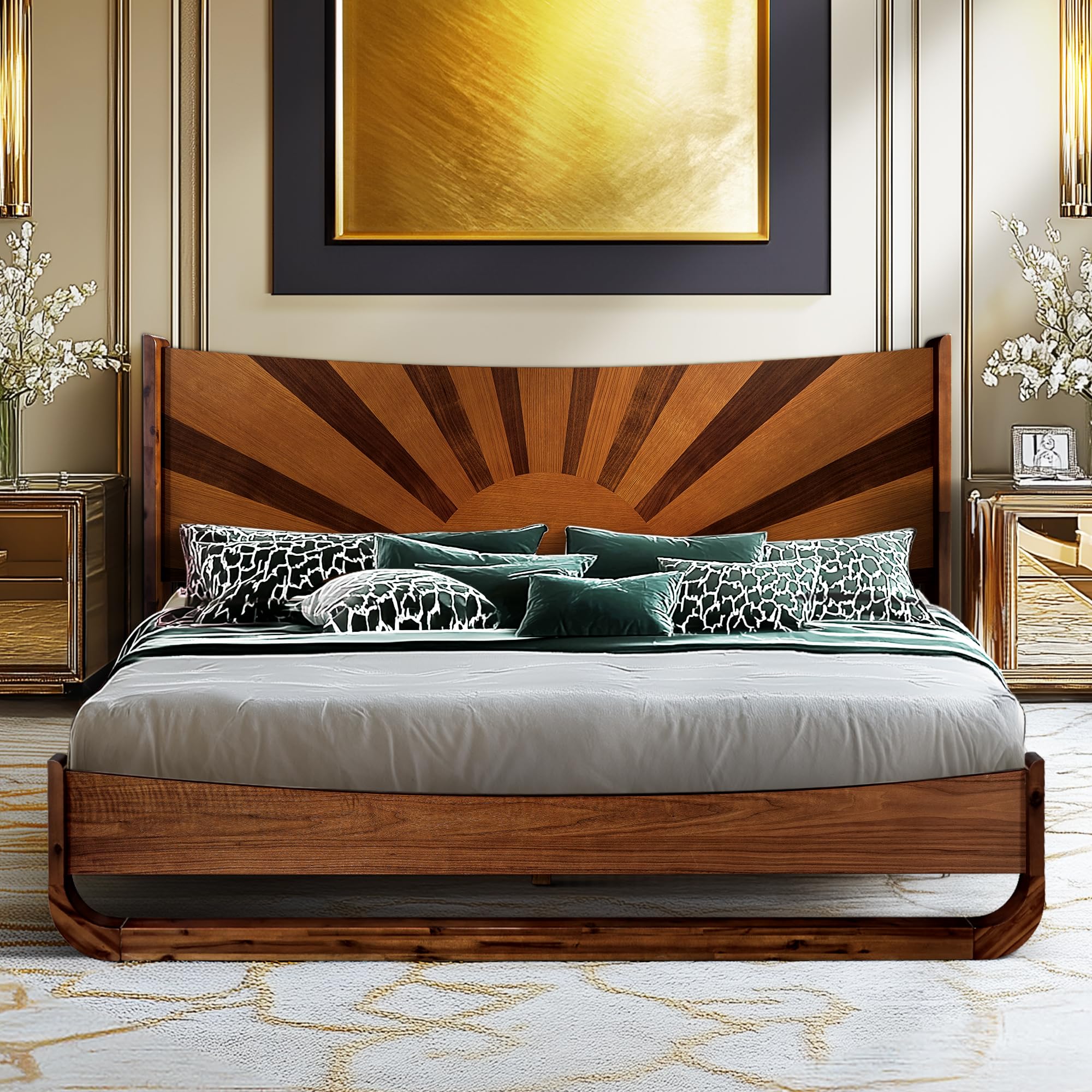 sunset deluxe solid acacia wood queen size platform bed frame with tall headboard, mid-century & art deco design, no box spring needed, strong wood slat support, easy assembly, walnut