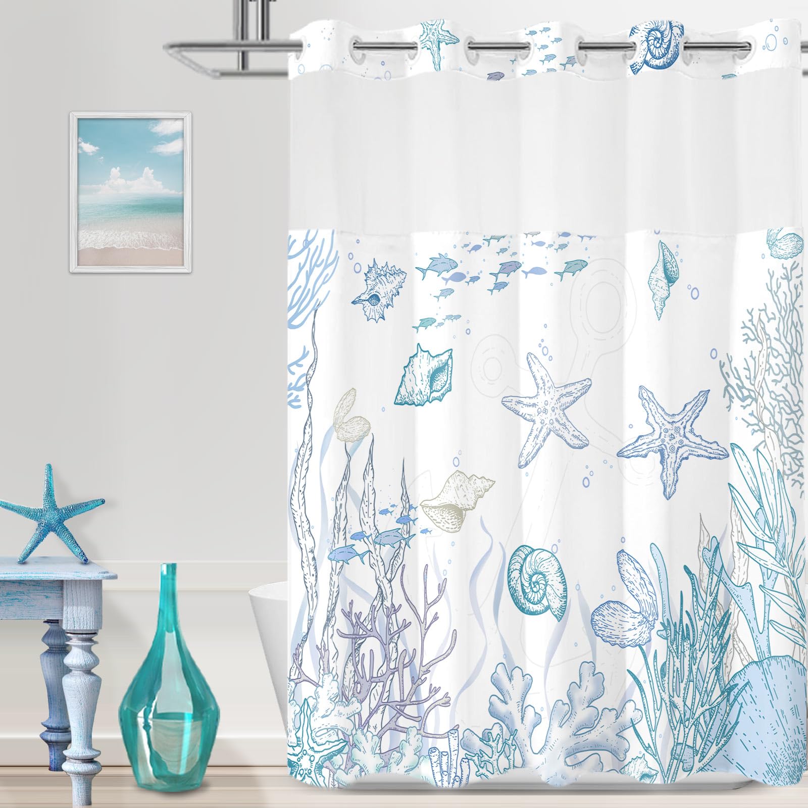 TWLSNCD No Hook Shower Curtain with Snap in Liner, Beach Ocean Nautical Coastal Shower Curtains and Liner Set for Bathroom, Seashell Hotel Fabric Bath