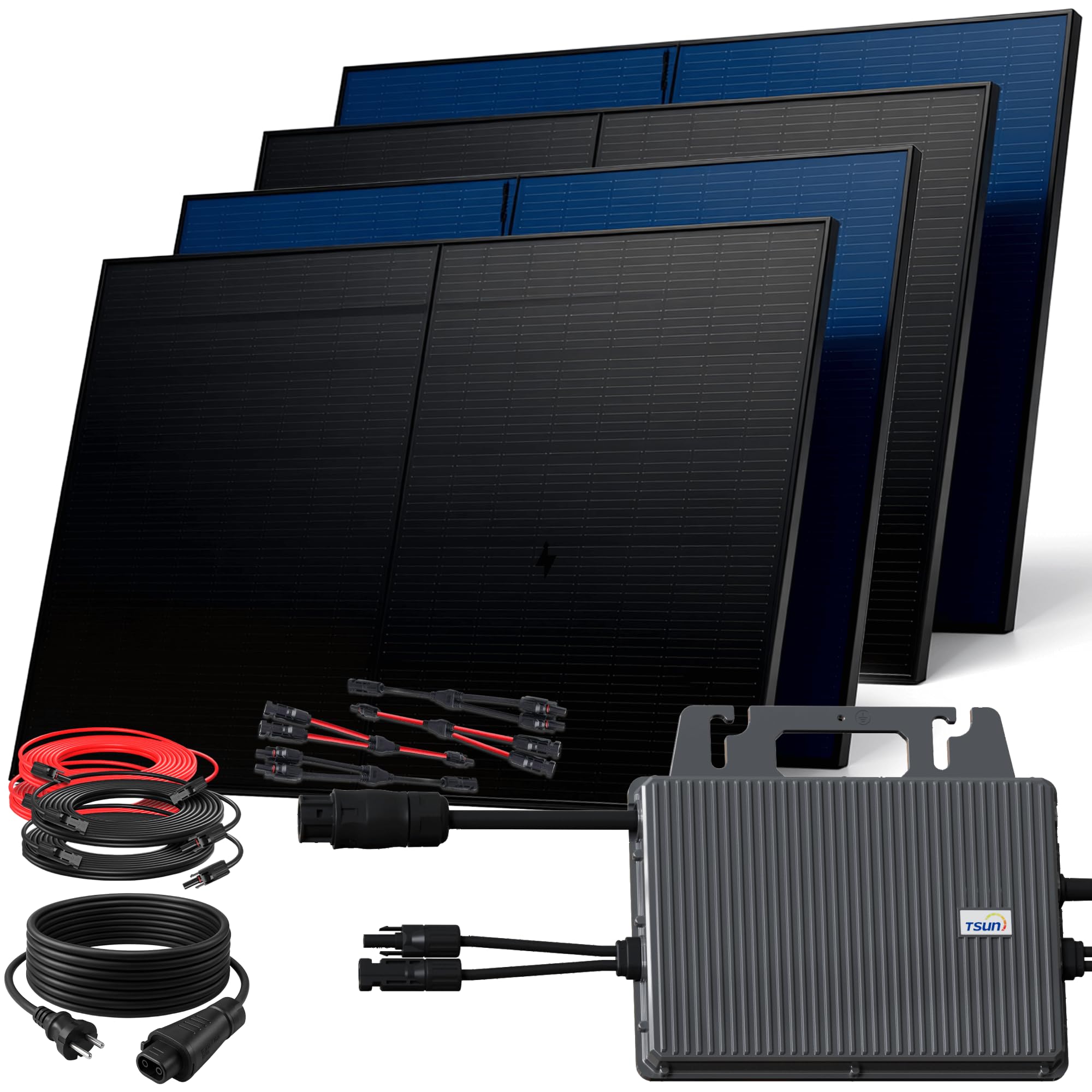 SUNNIVA 2000W Balkonkraftwerk BIFAZIAL FULLBLACK komplett Steckdose TSUN 800W Wechselrichter, PV Solaranlage, 4x 500W Glas Solarmodule, inkl. 5m Kabel, Bluetooth WIFI, Komplettset