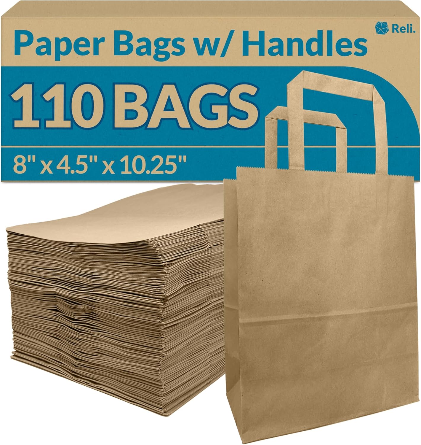 Reli. 8x4.5x10.25 in. Brown Paper Bags with Handles | 110 Pack | Kraft Brown Paper Bags with Flat Handles Bulk | Ideal for Gifts, Retail, Shopping, Merchandise, Crafts