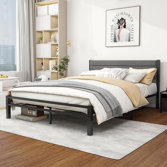 King Size Bed Frame with Upholstered Headboard,150x200cm,Dark Gray