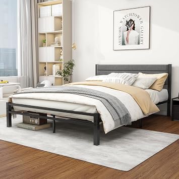 King Size Bed Frame with Upholstered Headboard,150x200cm,Dark Gray