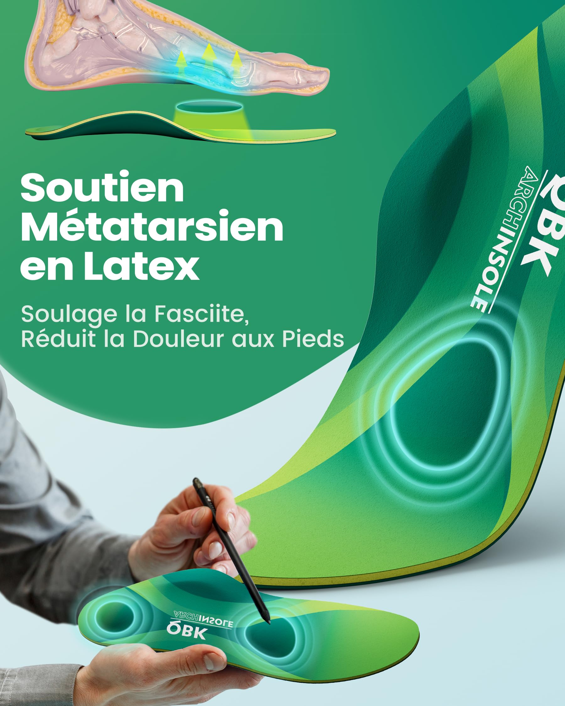 Semelles de soutien QBK pour la fasciite plantaire Semelles rembourrées pour chaussures pour la tendinite d'Achille Pieds plats Métatarsalgie Voûte plantaire élevée 3XL