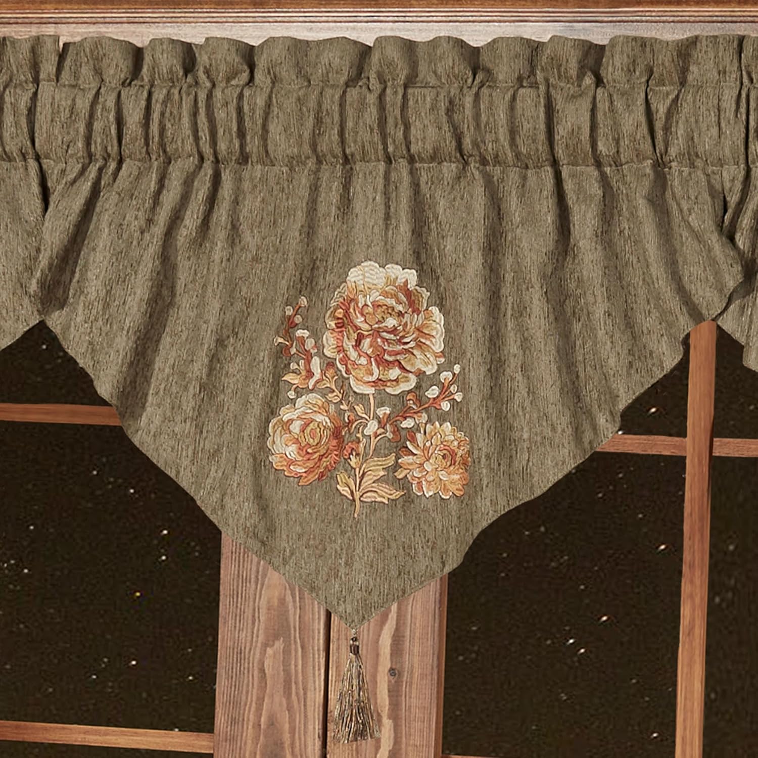 Rhapsody Floral Luxury Drapery Window Treatment | 4 Piece Lined Window Set: 3 Ascot Valances Curtain Pair | Polyester | Living Room Bedroom | Sophisticated | Flower | Rich Stately Elegant | Rod Pocket