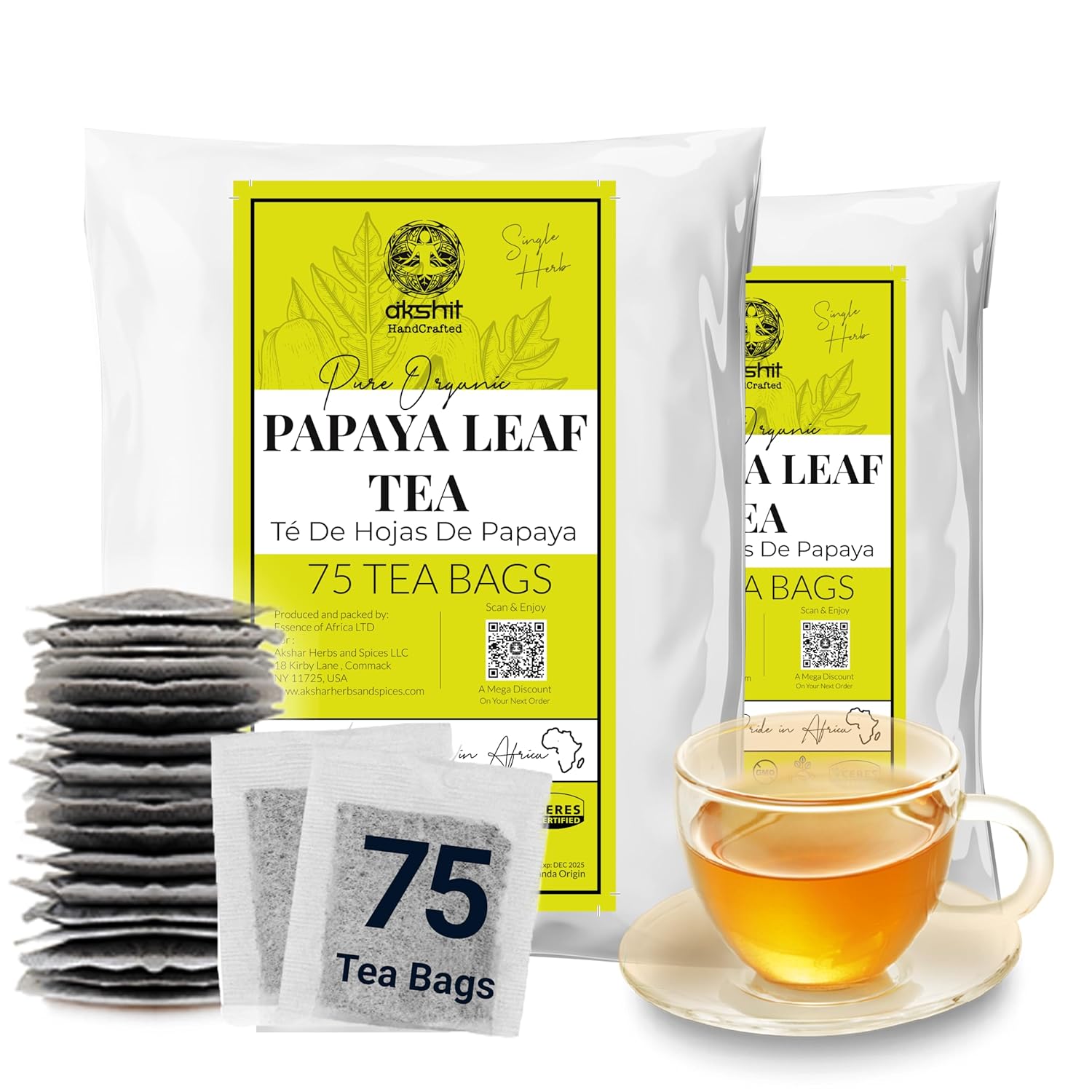 Akshit Papaya Leaves Tea, 100% Natural Dried Papaya Leaves, Leaf Tea, 150 Count, Non-GMO, Caffeine Free, Sugar Free.