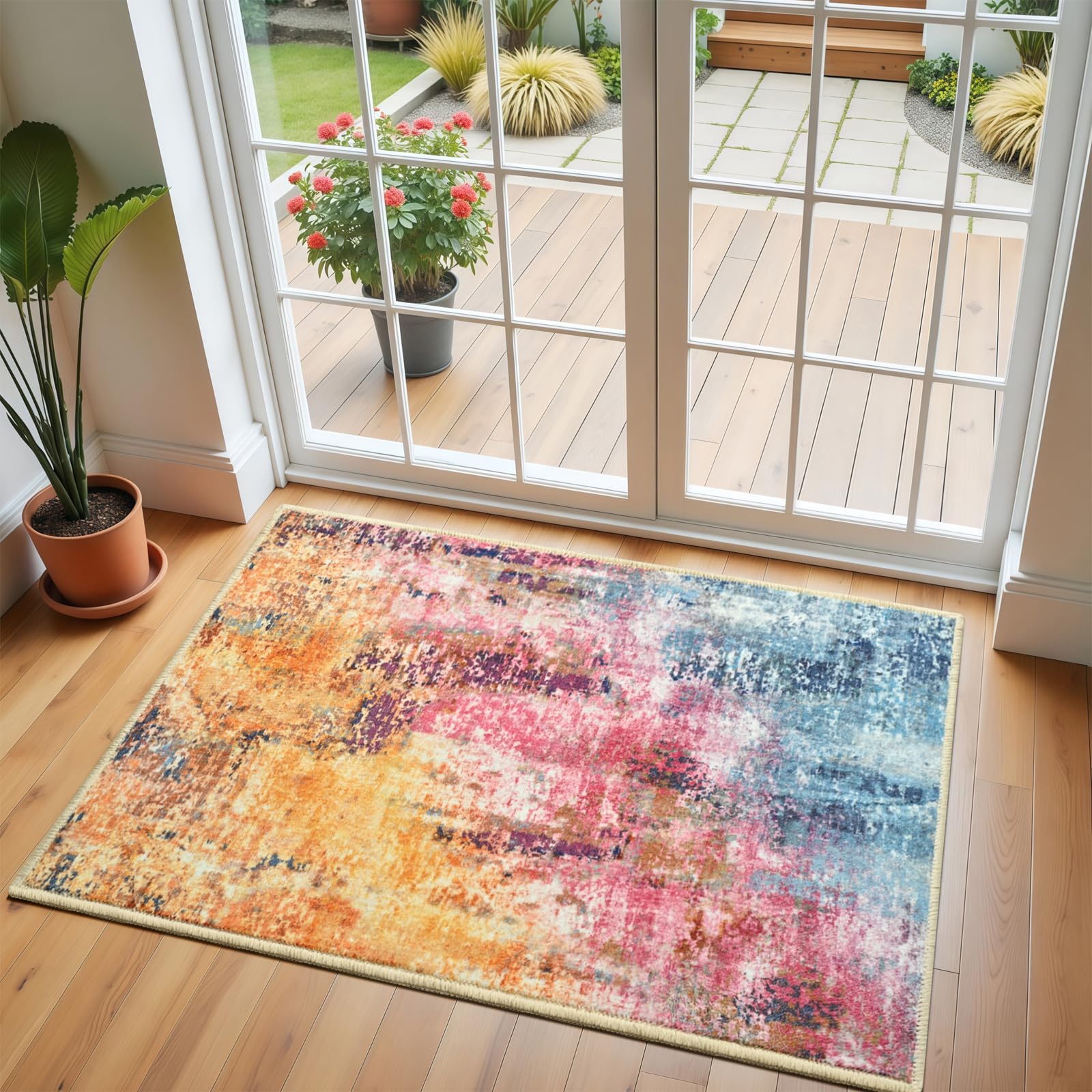 Flagover Colorful Washable Small Area Rug, 2x3 Abstract Non-Slip Door Mat, Modern Low Pile Indoor Entryway Rugs, Stain Resistant Throw Carpet for