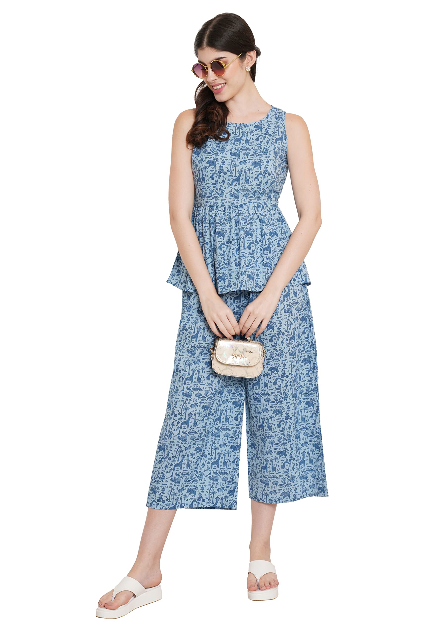 cotland fashions Jaipuri Cotton Printed Sleeveless Peplum Top with Pants Co-Ord Set for Women-picture-11