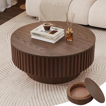 31.5 Walnut Round Coffee Table with Storage, Modern Fluted Circle Coffee Table Unique Drum Low Center Tea Table with Solid Wood Veneered for Living Room Small Space, Mesas De Centro para Sala