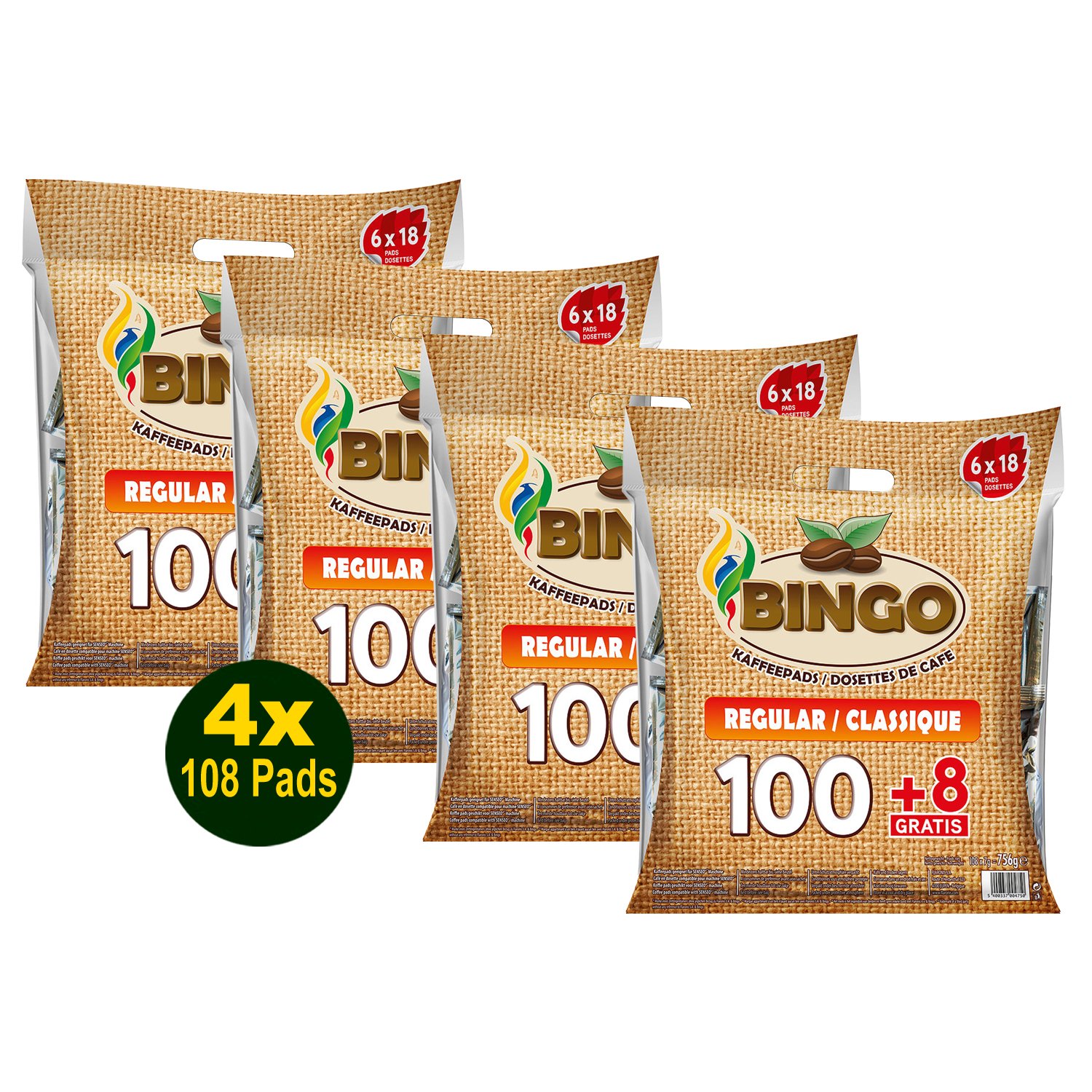 Bingo Kaffeepads Regular, 100 + 8 Pads 4x 756g (3024g) - mit nachhaltiger Crema