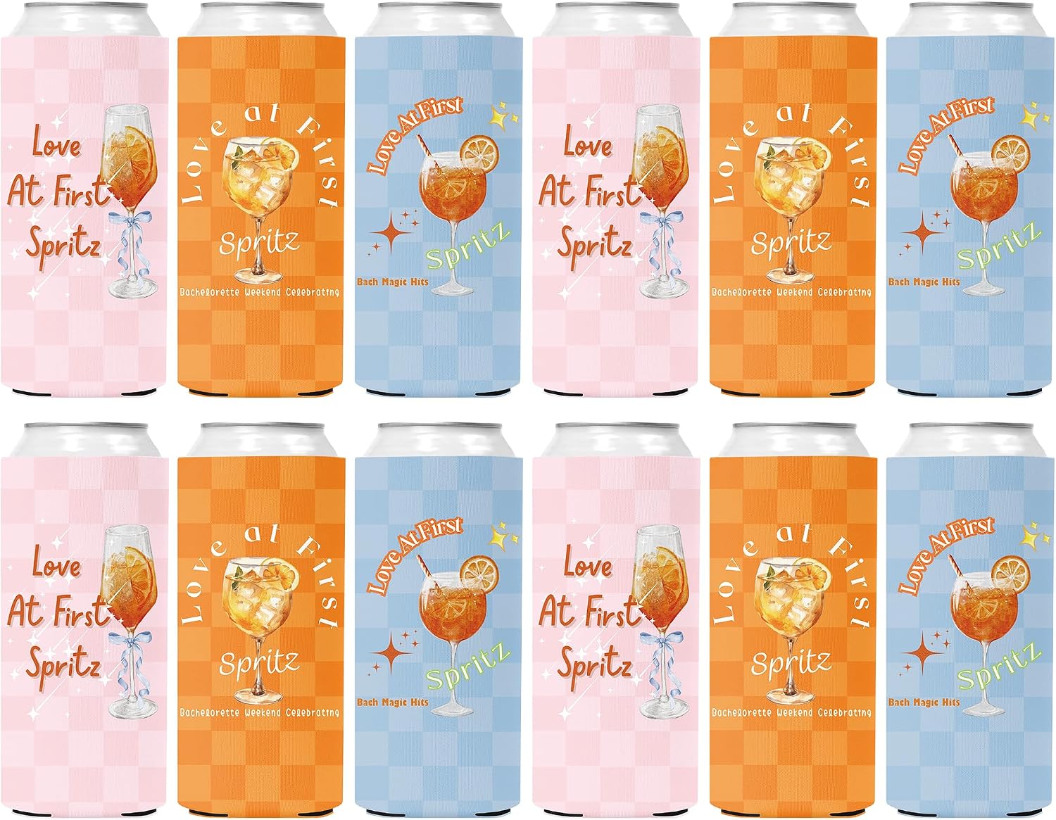 Love at First Spritz Bachelorette Slim Can Sleeves, 12 Pack Spritz-Themed Skinny Can Coolers for Bachelorette Party & Bridal Shower, Funny Beer Cozy Bulk for Bach Party Accessories