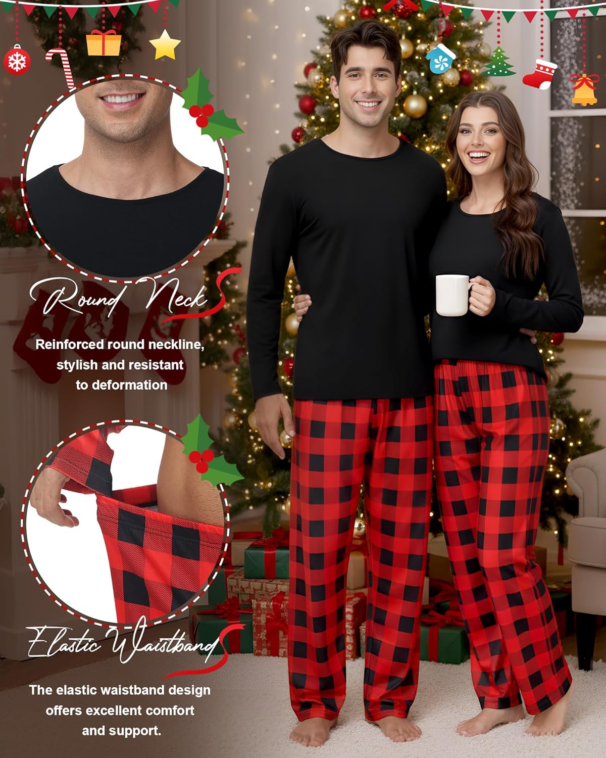 Hillban Couples Christmas Matching Pajamas Sets Family Buffalo Plaid Pants and Long Sleeve Tee Loungewear for Holiday - Image 4