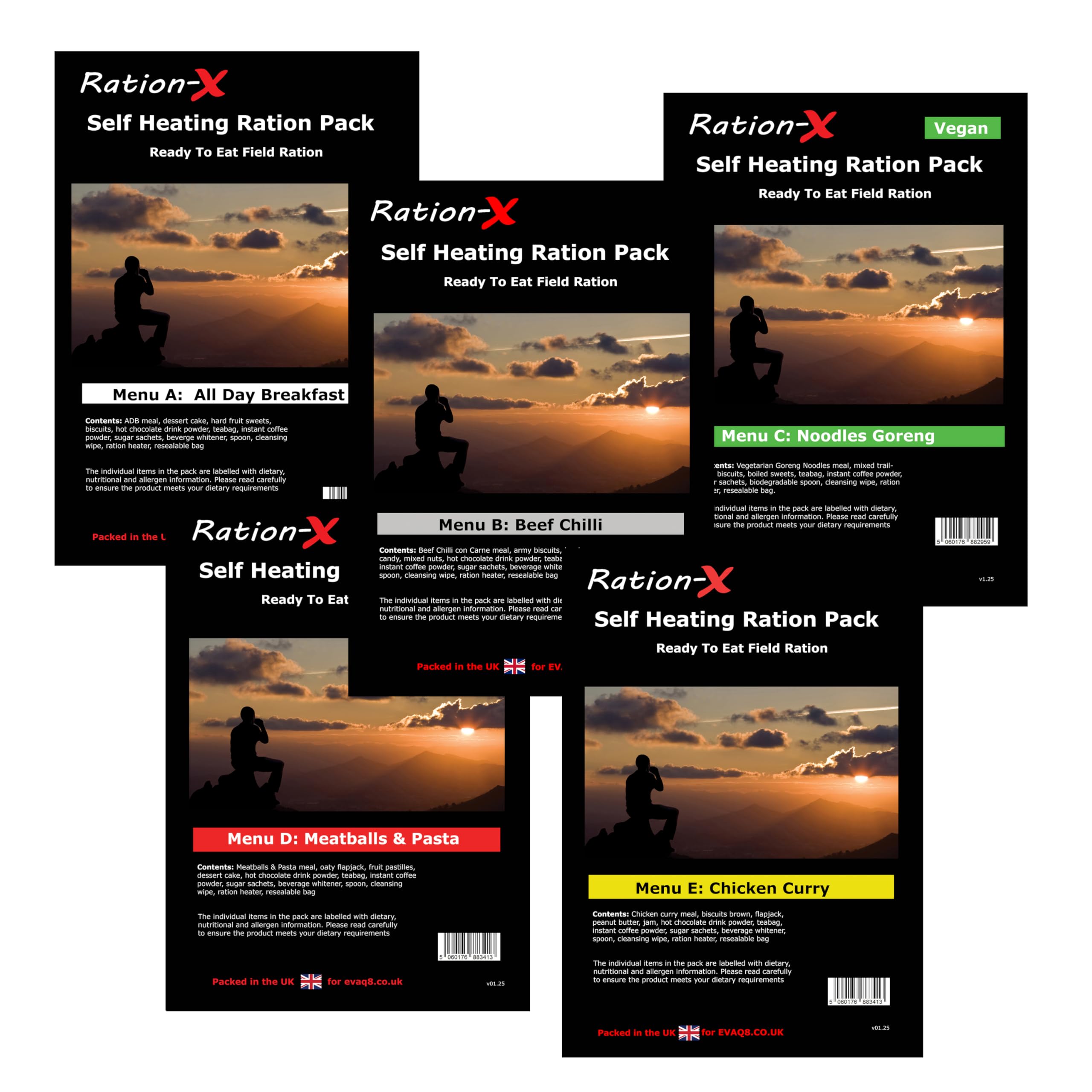 Pack of 5 Self Heating Field Ration Packs - Ready To Eat Meals Menus A ...