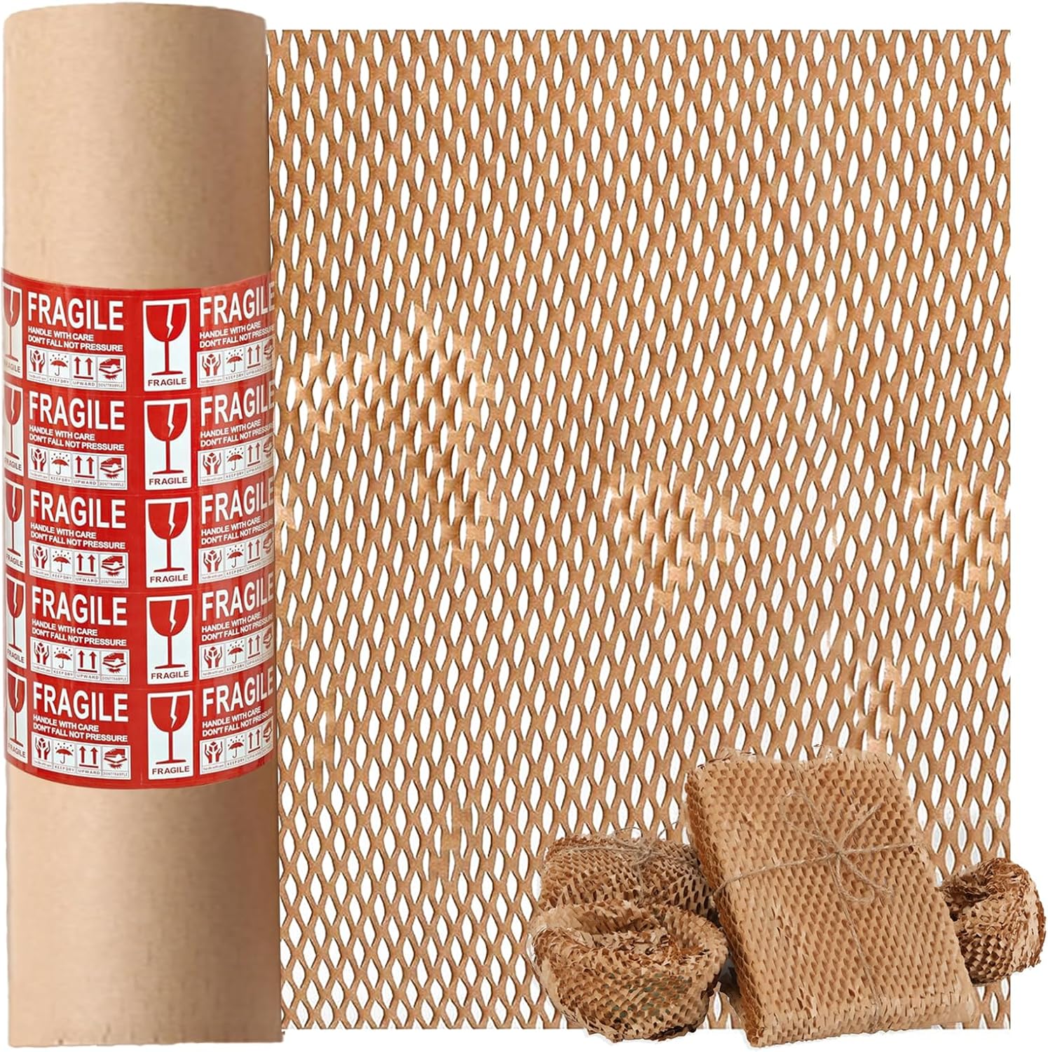 12 Inch x 230 Ft Honeycomb Kraft Packaging Paper Roll, Plastic Free Cushioning Packing Paper with Fragile Warning Labels, Recyclable Bubble Wrap Substitute for Household Moving & Business Shipping