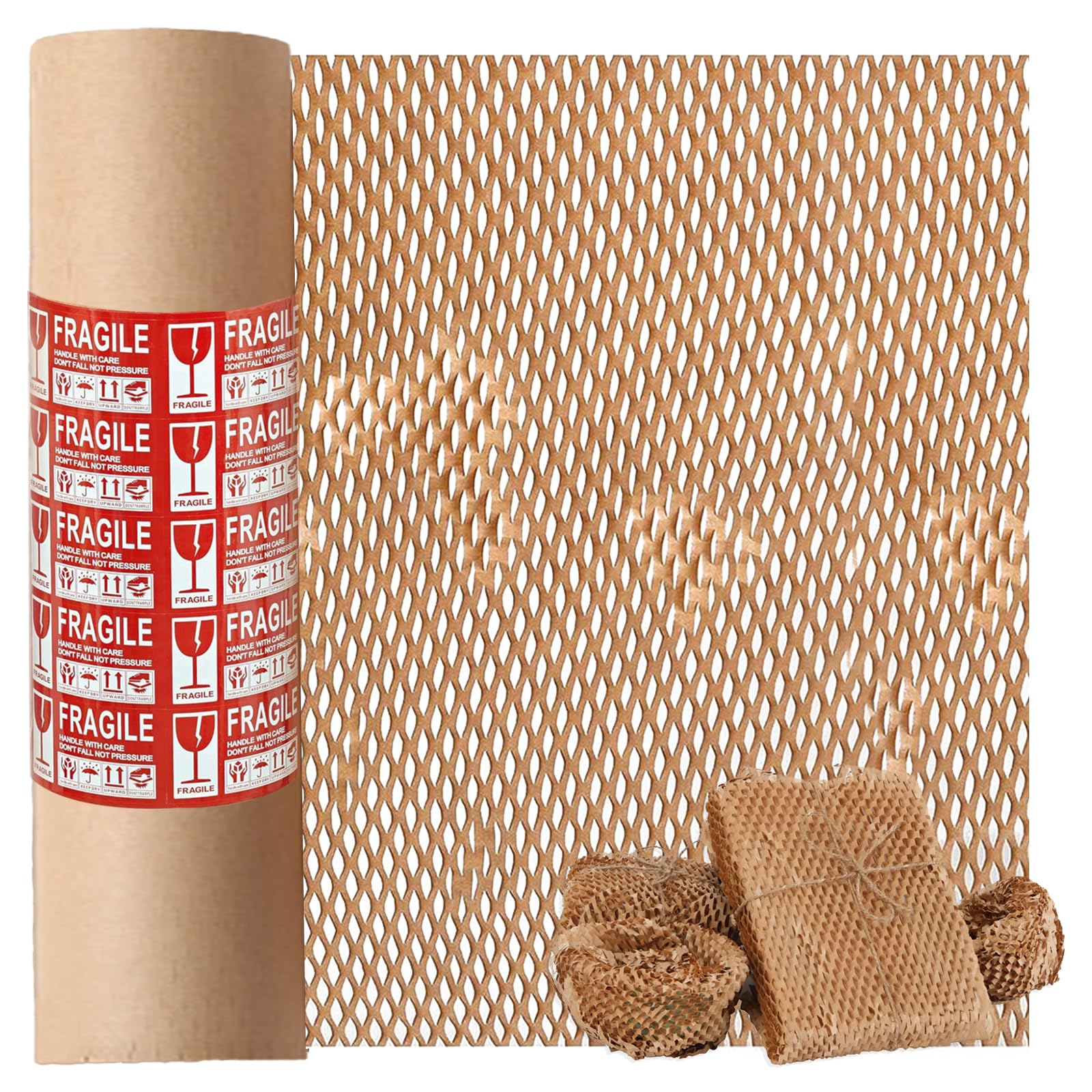 Rotolo di carta kraft da imballaggio a nido d'ape da 30,5 cm x 60 m, senza plastica, con etichette di avvertimento fragili, sostituto riciclabile dell'involucro a bolle per traslochi domestici e