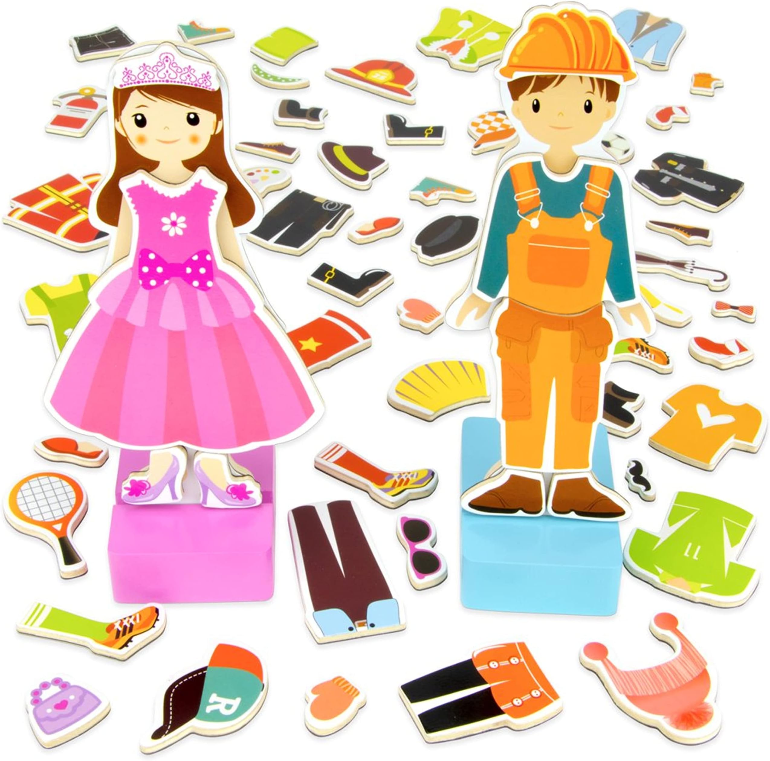 Imagination Generation Zoey & Joey Magnetic Dress-up Playset – Mix-and-Match 65 Pieces Including Clothes, Hats, & Accessories - Wooden Wonders Toy