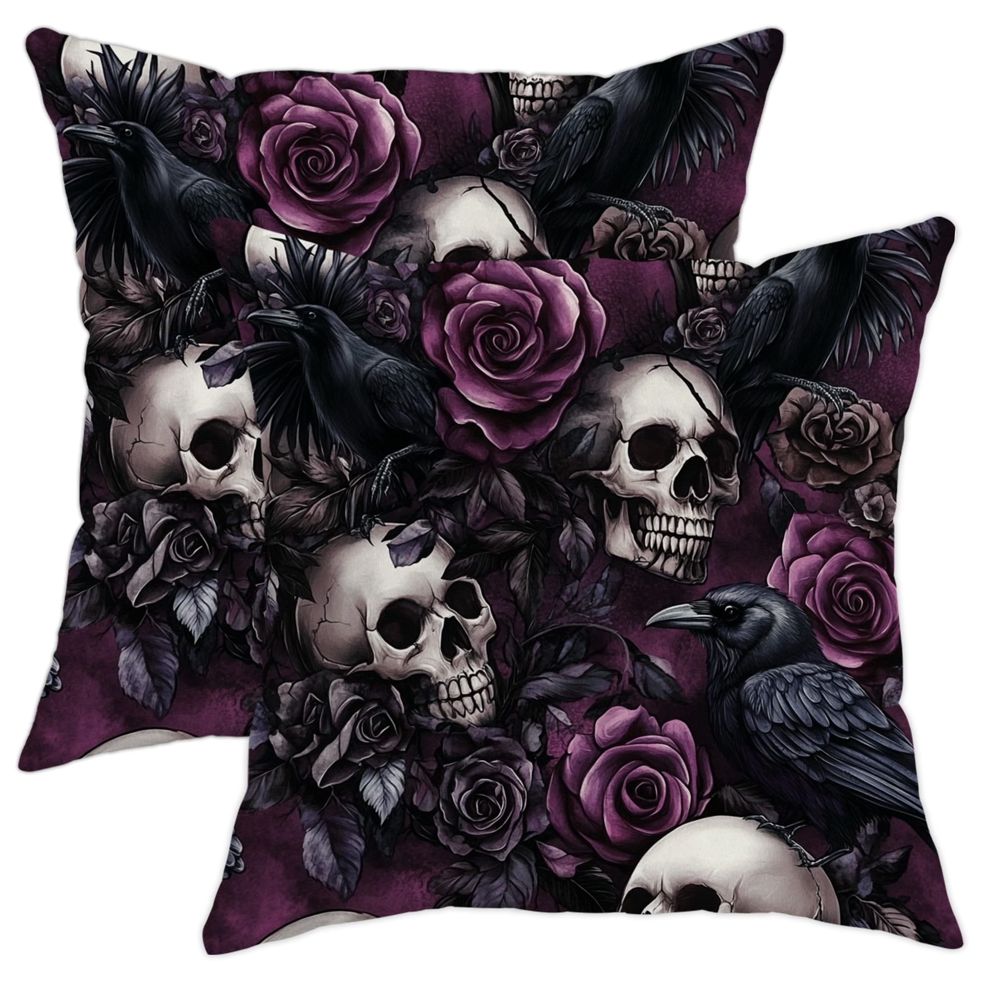 Gothic Pillow Covers Set of 2, Dark Violet Skull and Raven Throw Pillows Case, Halloween Decorative Square Cushion Covers for Home Sofa Bed Couch 24x24 Inch