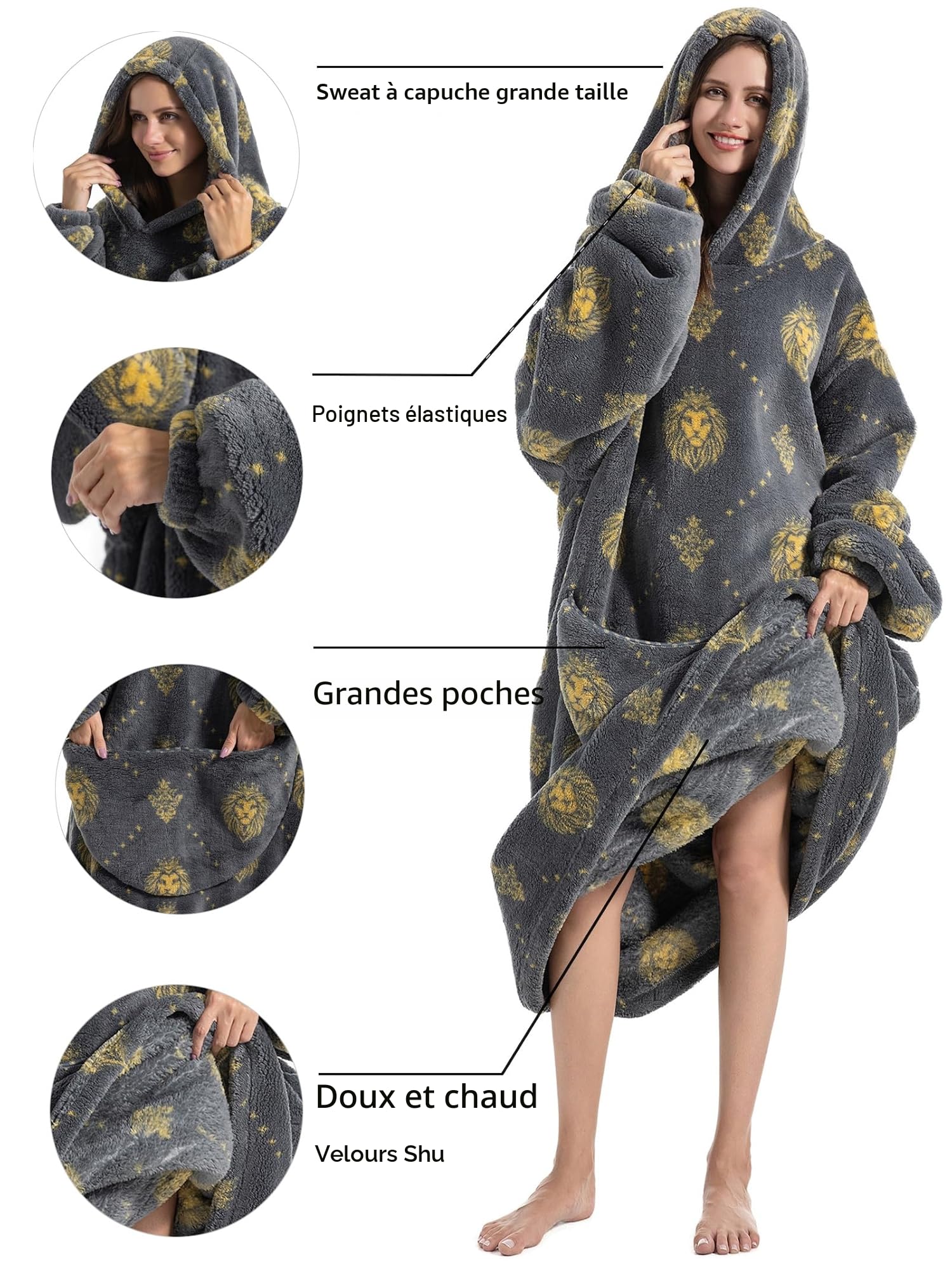 JOREAY Sweat à Capuche Femme, Pull Plaid Oversize en Polaire Couverture à Capuche, Douce et Chaude Plaid avec Manche avec Capuche Homme, Cadeau