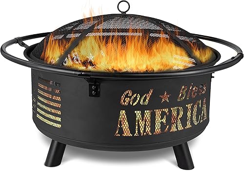 Backyard Expressions GOD Bless America - Fogón de metal – 30 pulgadas – Fogata de acero resistente para patio/patio trasero con rejilla de registro
