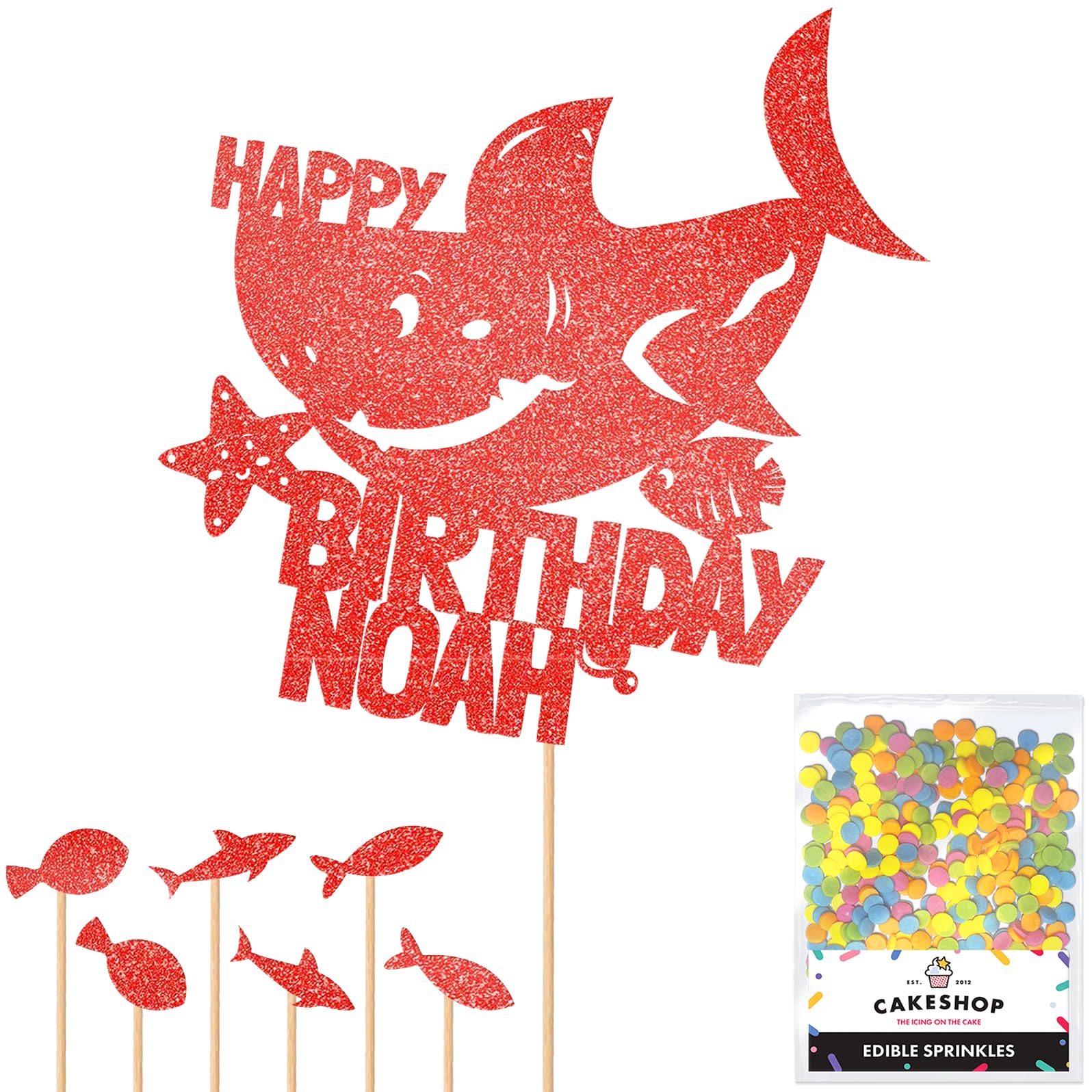 Personalised Birthday Shark Glitter Cake Topper- Red Any Custom Name Glitter Cake Decoration and Sprinkles - Happy Birthday Decorations - Personalised Toppers for Cakes by Cakeshop