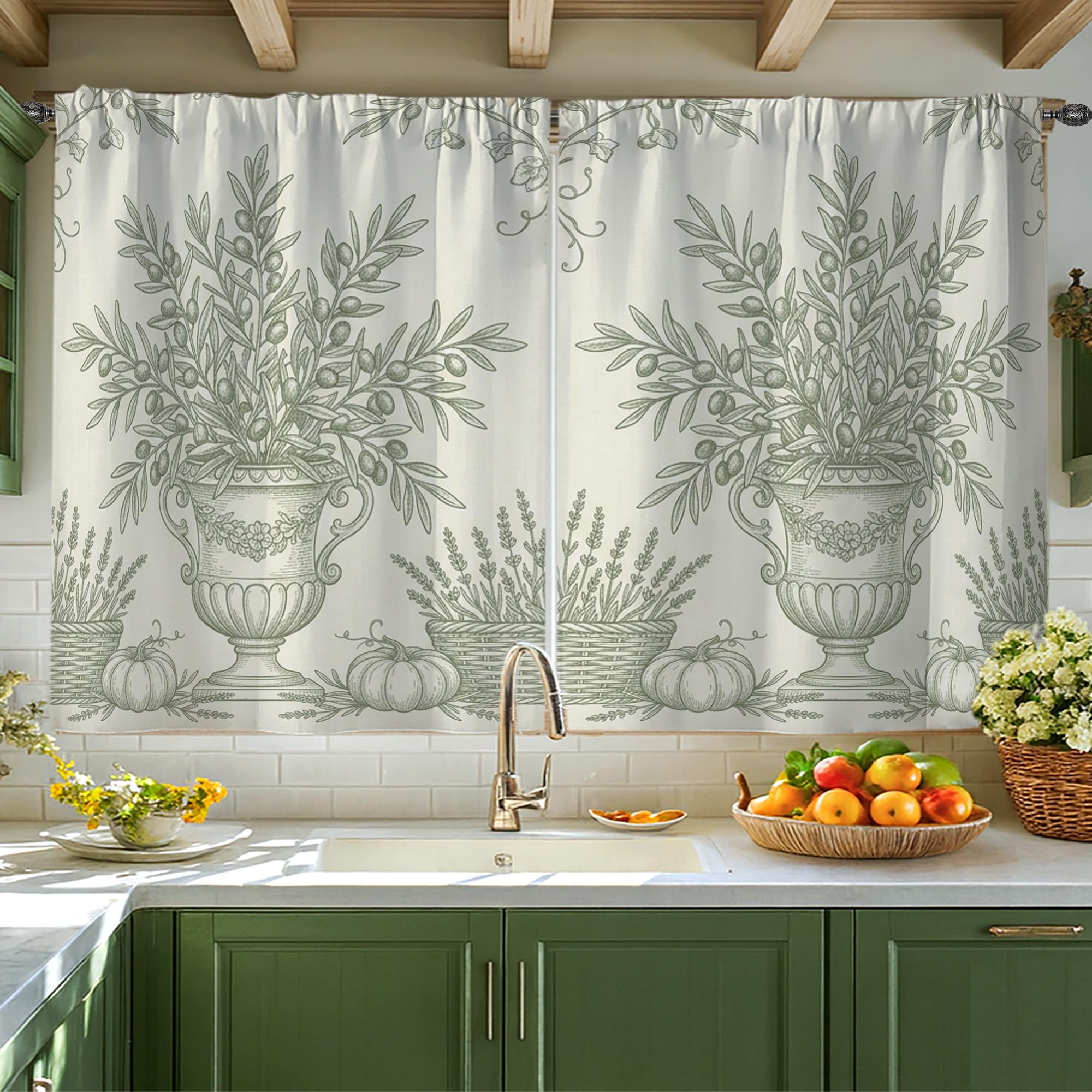 Rideaux de cuisine citrouilles motif botanique | Voilage blanc automne 114 cm