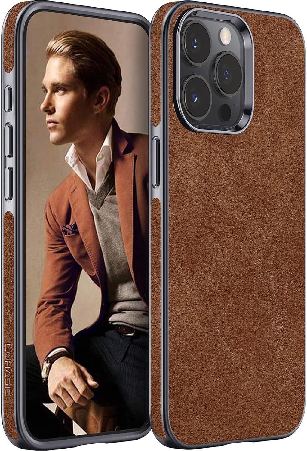 LOHASIC for iPhone 15 Pro Leather Case, Luxury Vintage Slim Thin PU Flexible Bumper Non-Slip Grip Shockproof Full Body Protective Cover Men Women Phone Cases for iPhone 15 Pro 6.1 inch (2023) - Khaki