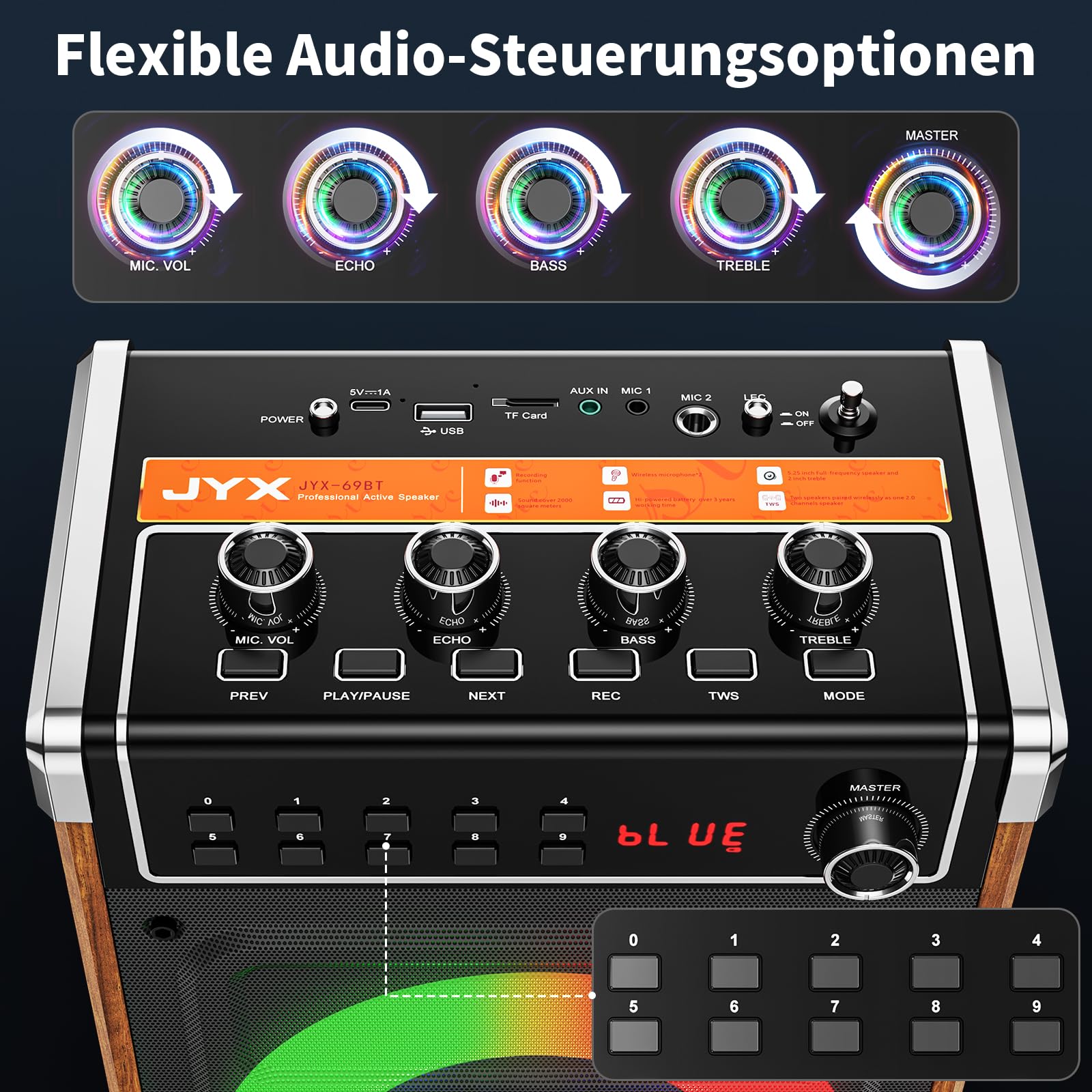JYX Karaoke Maschine mit 2 UHF-Funkmikrofonen, Bluetooth-Lautsprecher mit Bass-/Höhen-Einstellung und LED-Licht, PA-Systemunterstützung TWS, AUX in, FM, Rec, Versorgung für Party/Erwachsene/Kinder
