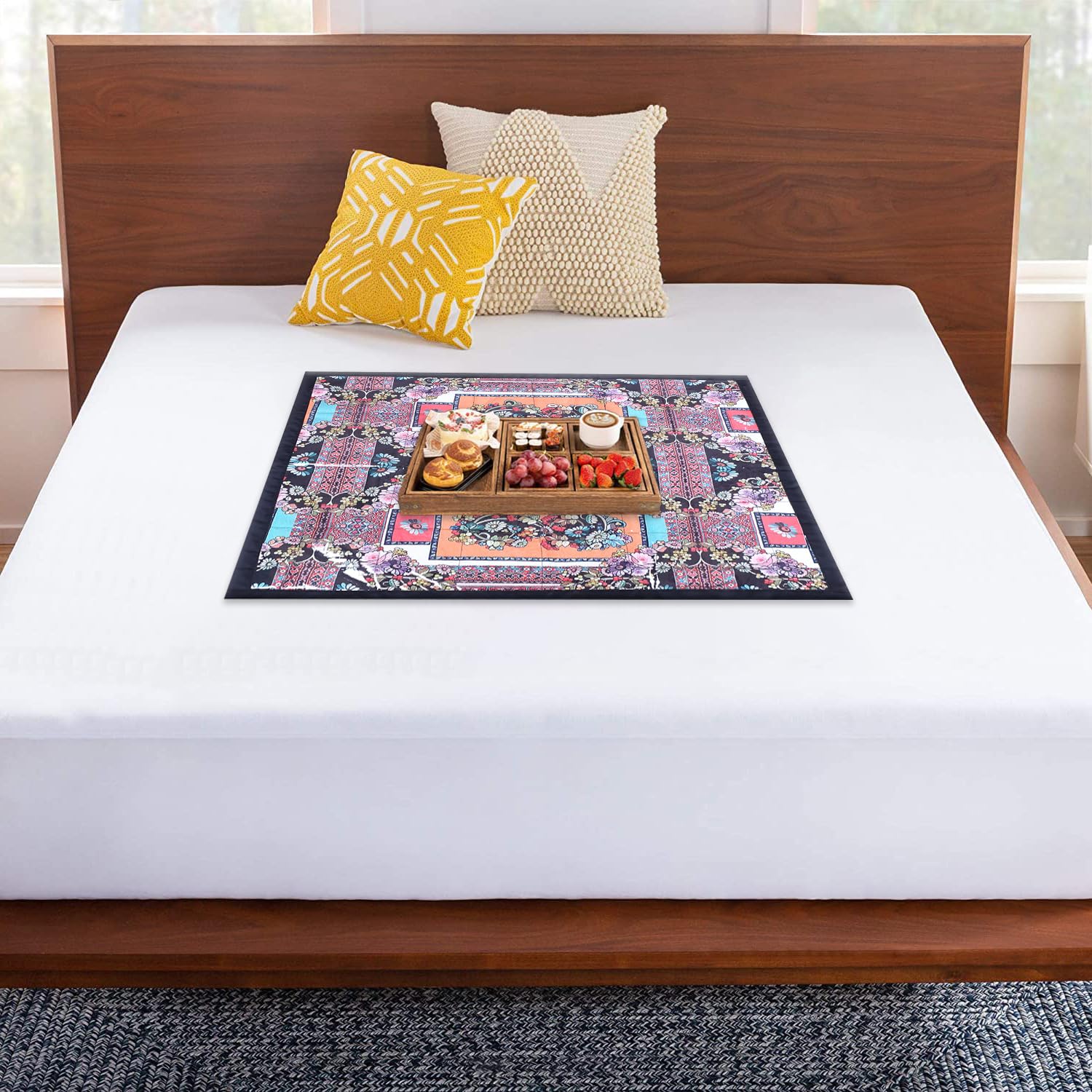 Kuber Industries Food Mat | Digital Flower Print Bed Server | Laminated Bed Protector | Bed Server for Bedsheet | 27 Inch | Black