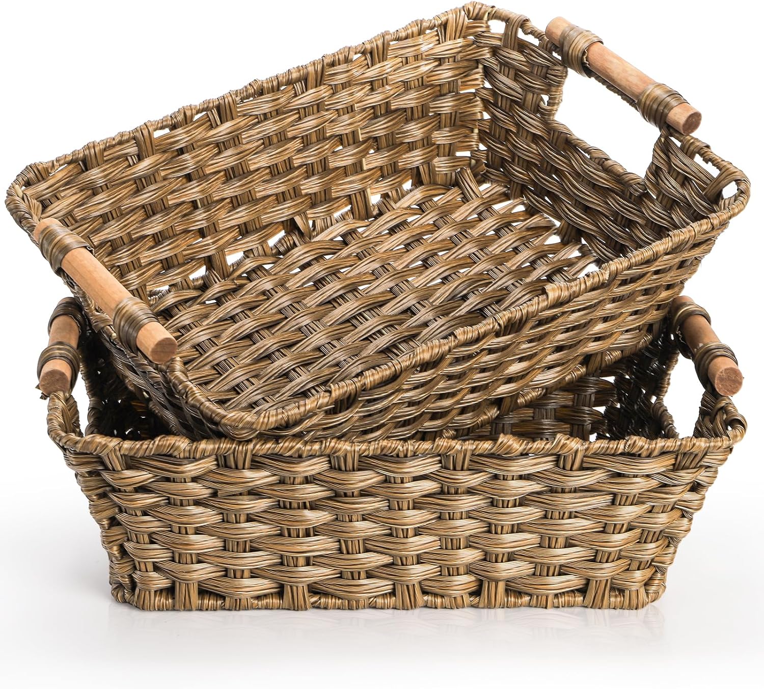 2 Pack Brown Wicker Storage Basket, Metal Frame Hand Woven Organizer Bin with Handle, 14.6"L x 10.7"W x 5"H Waterproof Rattan Laundry Organizer Totes for Pantry, Living Room, Bathroom