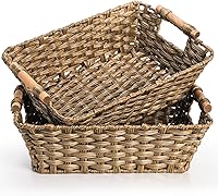 Prygew 2-Pack Brown Wicker Storage Baskets with Handles - Waterproof Rattan Organizer Bins, 14.6x10.7x5in for Laundry, Pantry, Bathroom