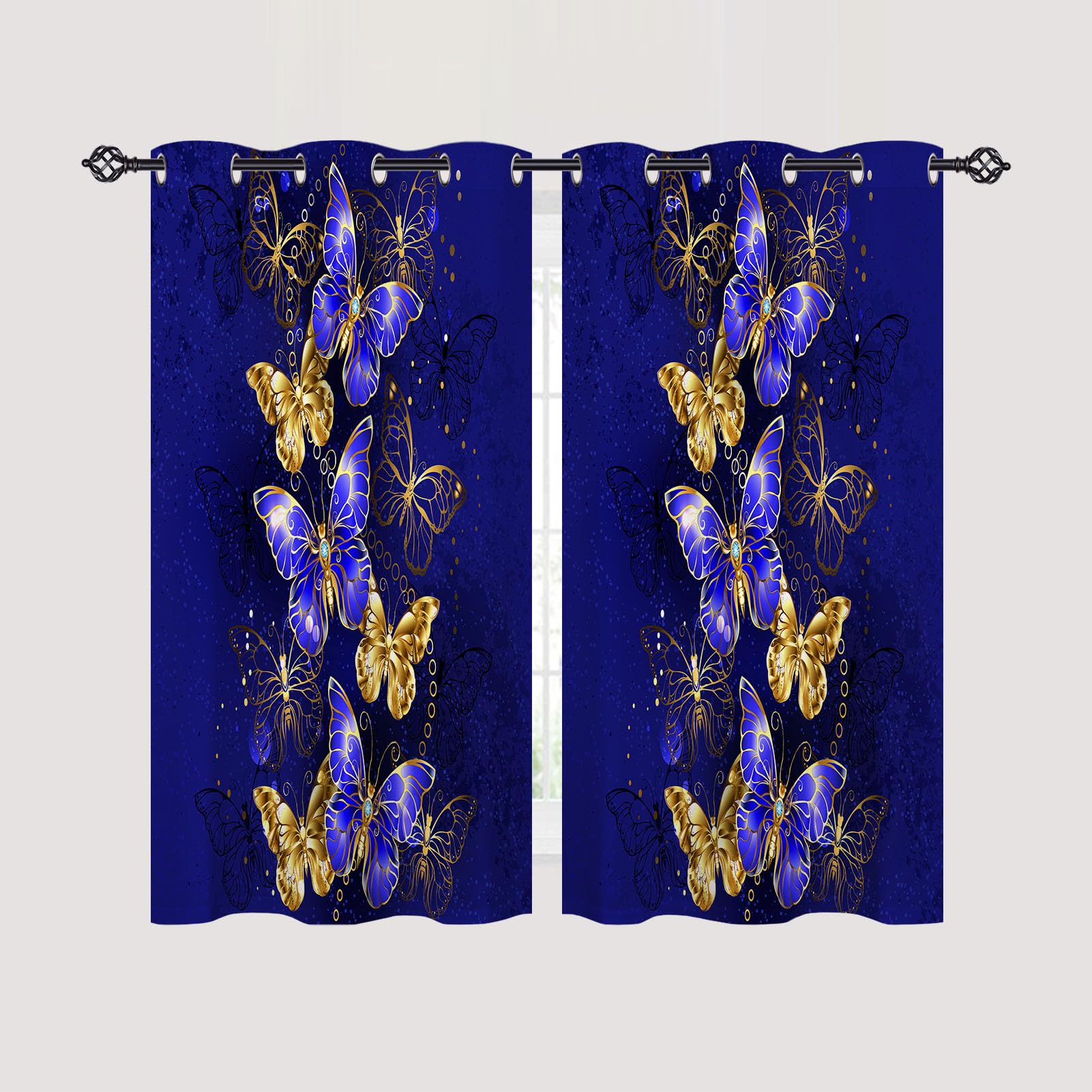 ANHOPE Butterfly Curtains Eyelet Thermal Insulated Blackout Curtains Sapphire Gold Texture Print Pattern Ring Top Drapes for Kids Girls Bedroom Living Room 46 x 54 Inch Drop 2 Panels - Image 2