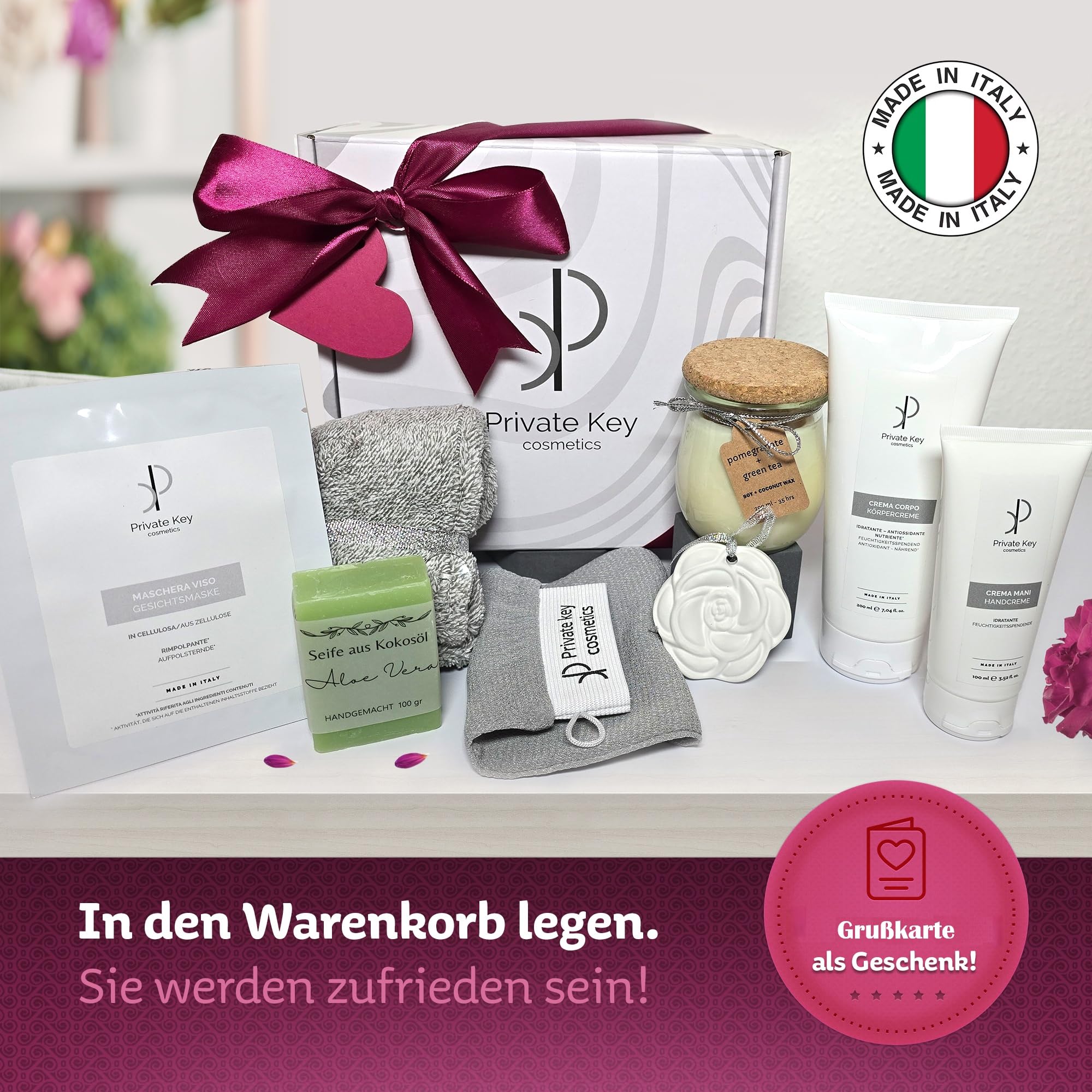 Prezent bożonarodzeniowy dla kobiet – wellness i relaks w pudełku dla mamy: wysokiej jakości produkty do pielęgnacji skóry, mydło, świeca zapachowa i kamień aromaterapeutyczny, turban do włosów,